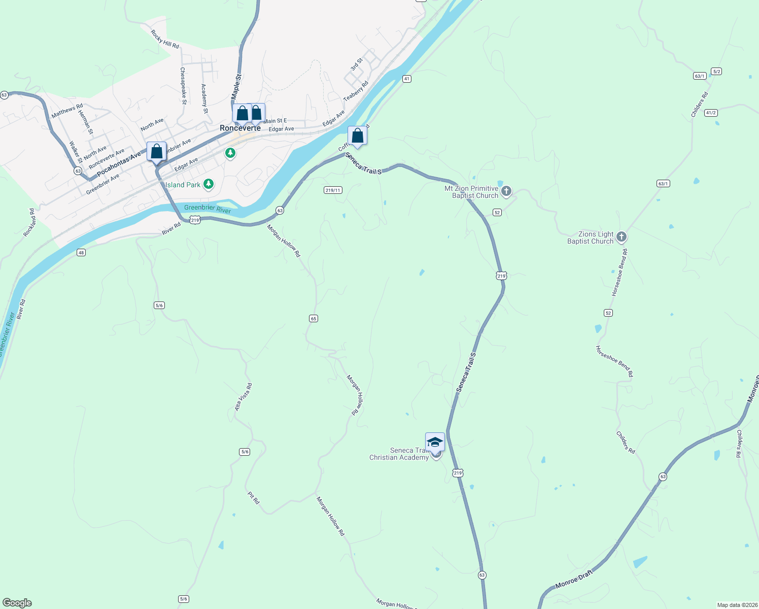 map of restaurants, bars, coffee shops, grocery stores, and more near Toothman Road in Ronceverte