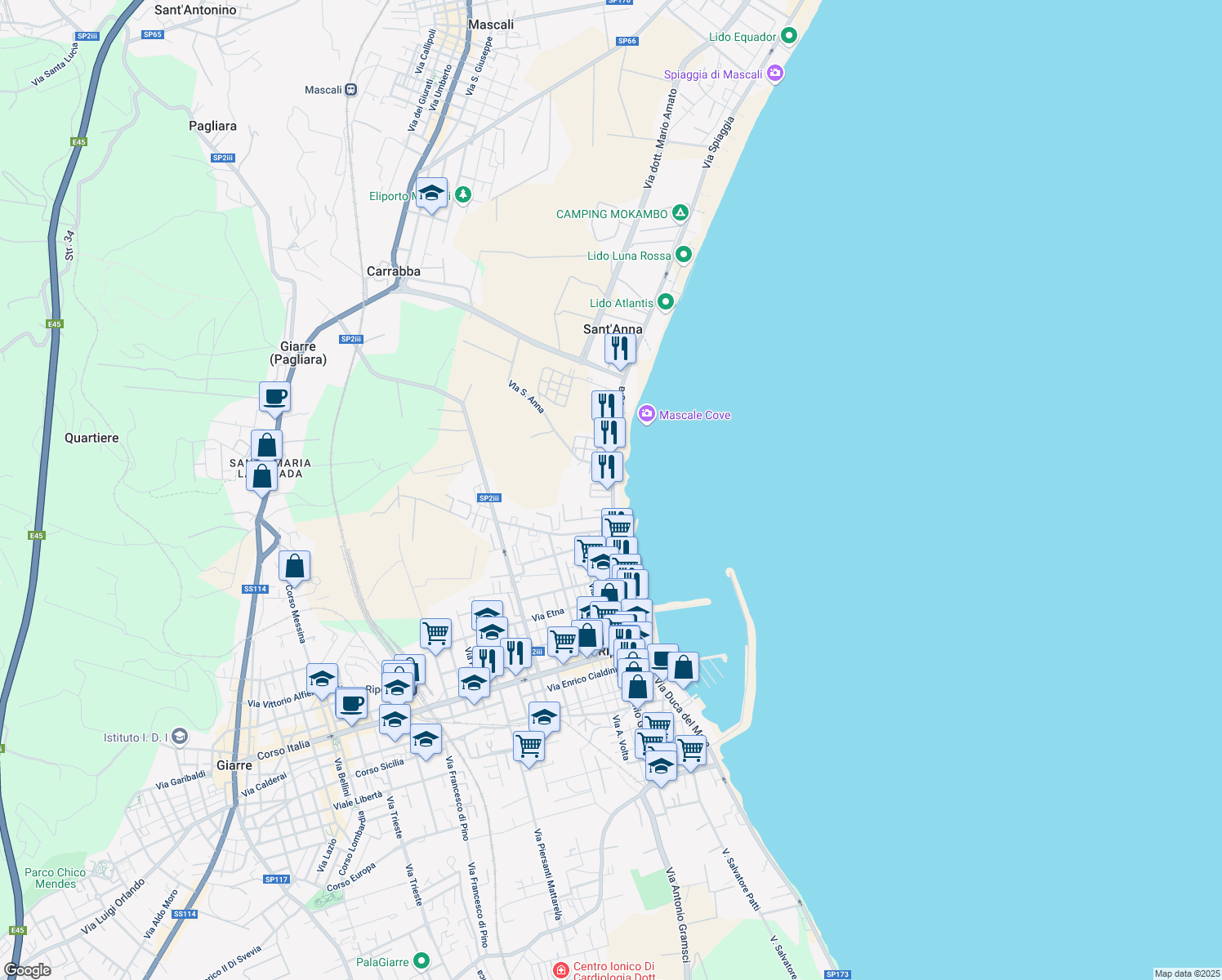 map of restaurants, bars, coffee shops, grocery stores, and more near 334 Via Spiaggia Sant'Anna in Mascali