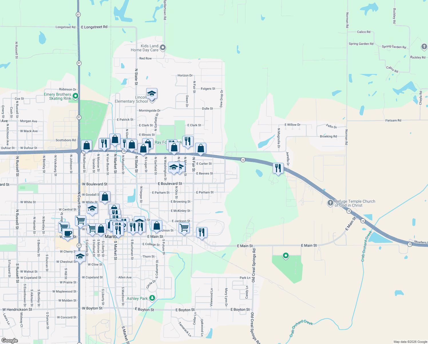 map of restaurants, bars, coffee shops, grocery stores, and more near 1003 North Taft Street in Marion
