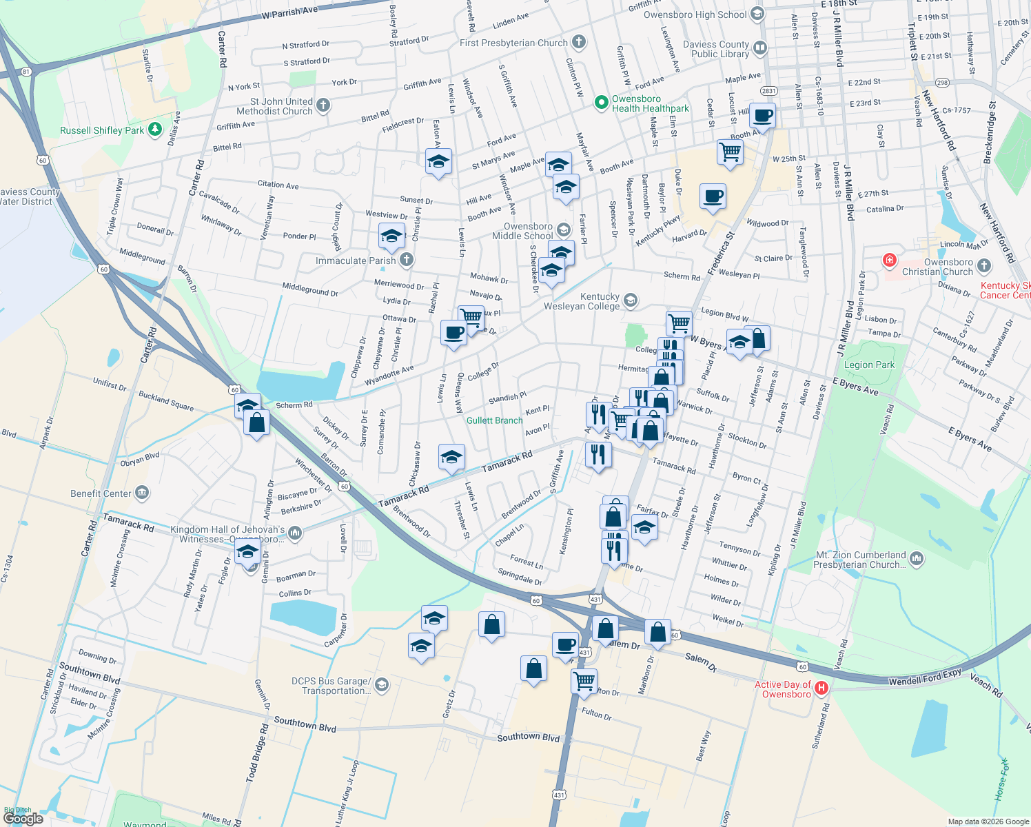 map of restaurants, bars, coffee shops, grocery stores, and more near 3530 Marycrest Dr W in Owensboro