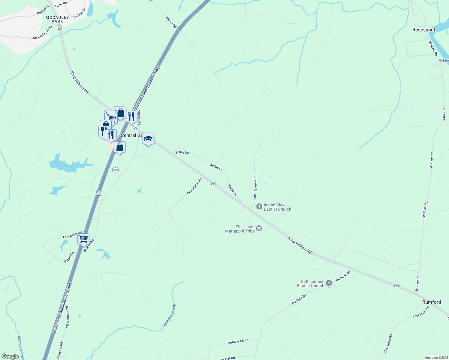 map of restaurants, bars, coffee shops, grocery stores, and more near 508 Kelley Ln in King William