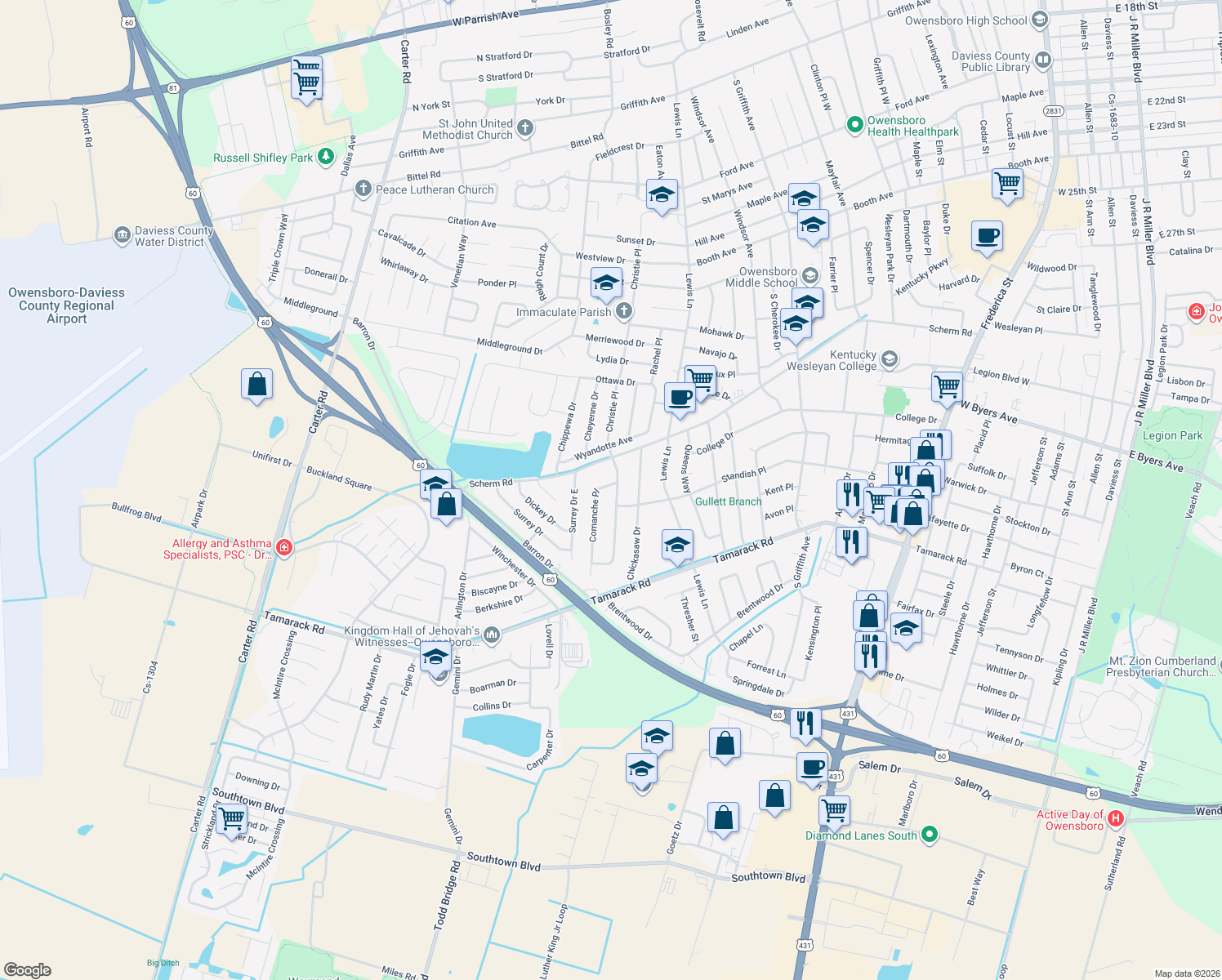 map of restaurants, bars, coffee shops, grocery stores, and more near 3307 Comanche Pl in Owensboro