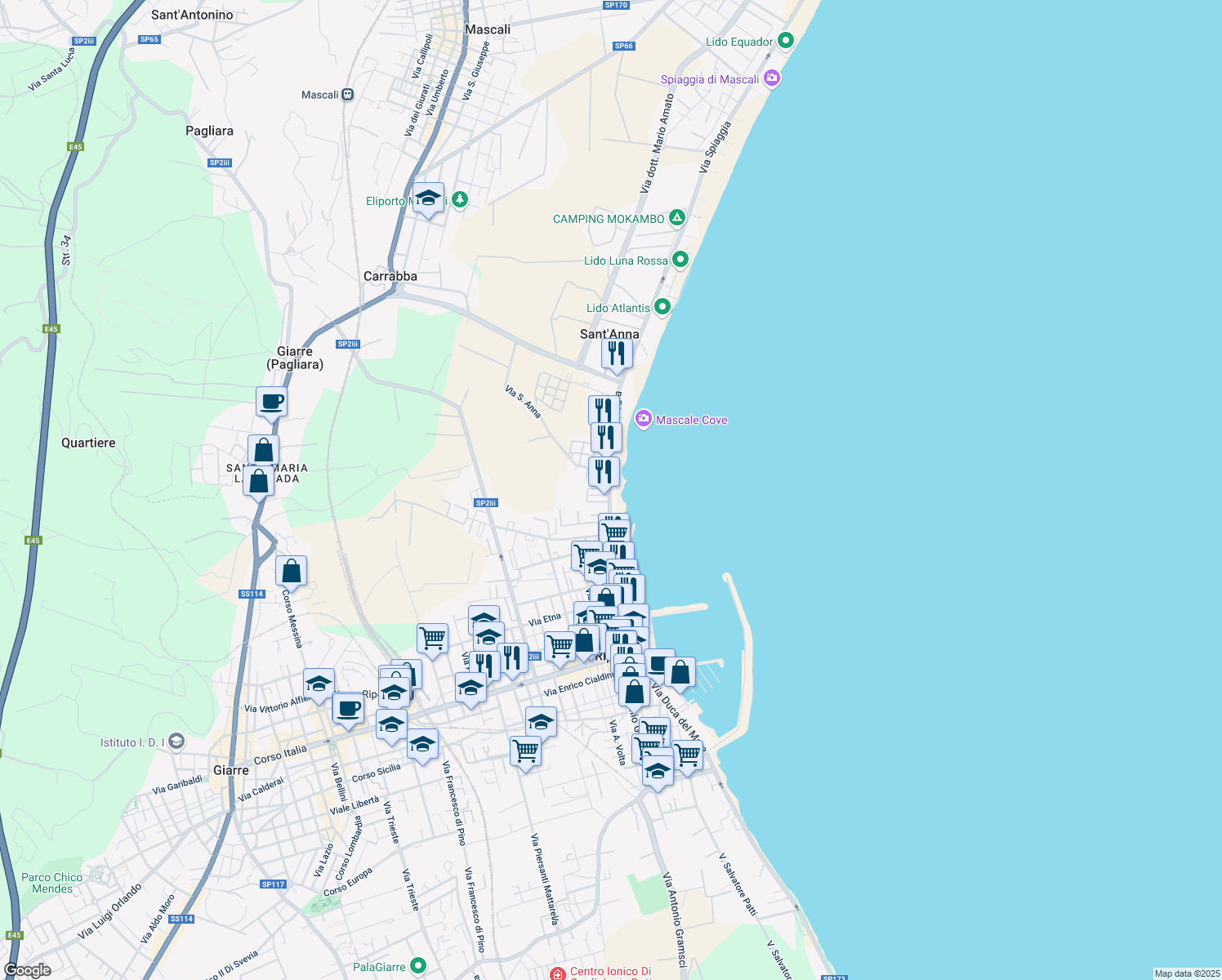 map of restaurants, bars, coffee shops, grocery stores, and more near 334 Via Spiaggia in Sant'Anna