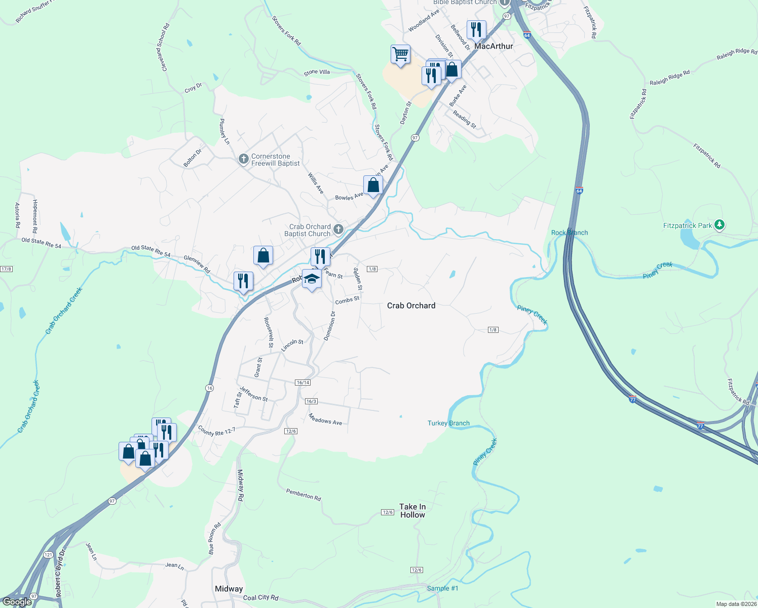 map of restaurants, bars, coffee shops, grocery stores, and more near 112 Norris Ave in Crab Orchard