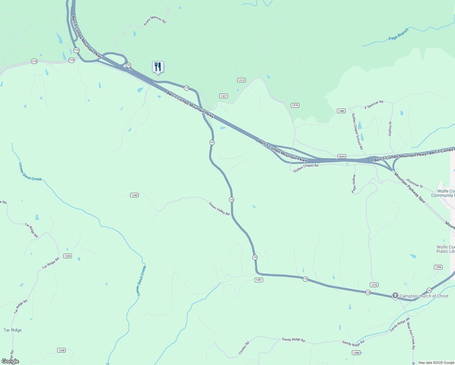 map of restaurants, bars, coffee shops, grocery stores, and more near 2754 Kentucky 15 in Campton