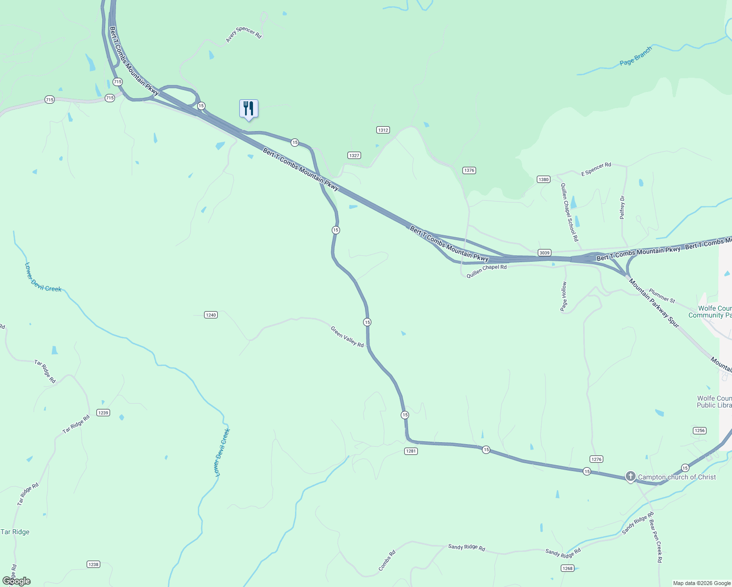 map of restaurants, bars, coffee shops, grocery stores, and more near 2754 Kentucky 15 in Campton