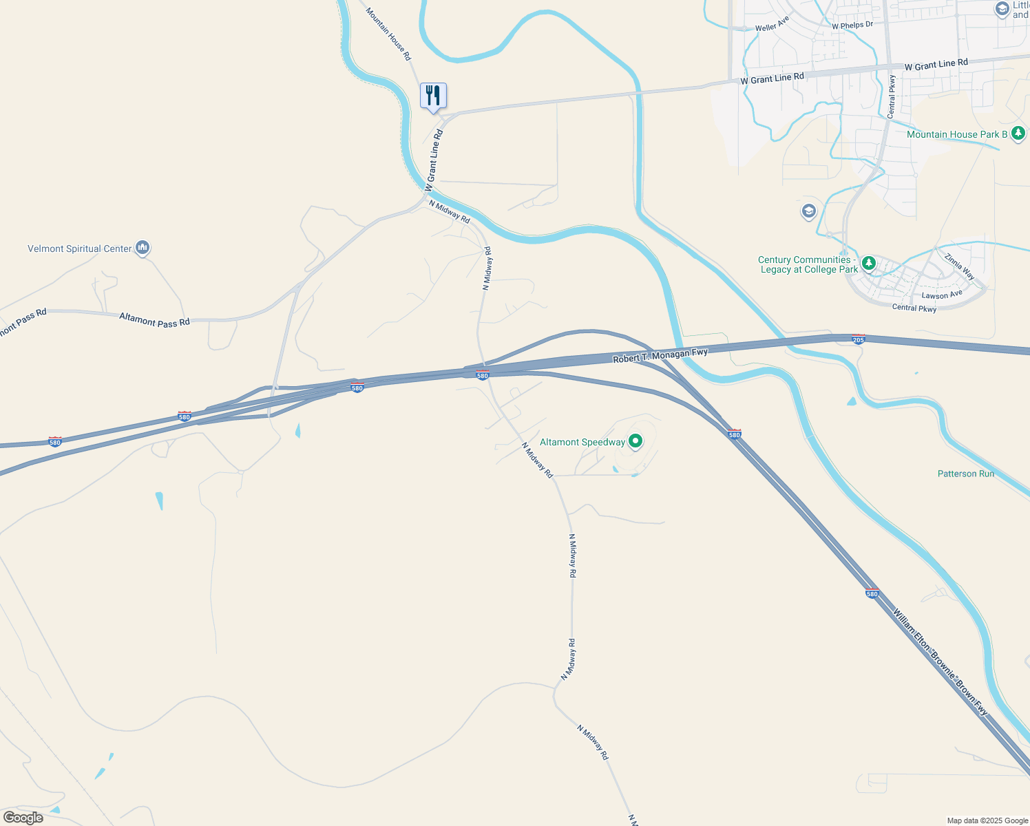 map of restaurants, bars, coffee shops, grocery stores, and more near 16881 North Midway Road in Tracy