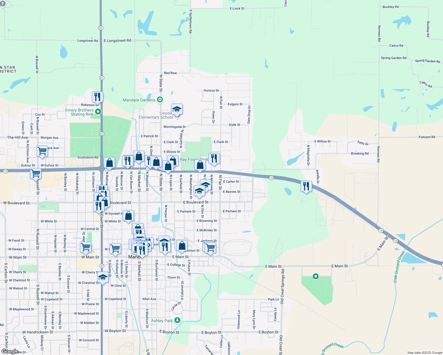 map of restaurants, bars, coffee shops, grocery stores, and more near 1010 E Dickinson Dr in Marion