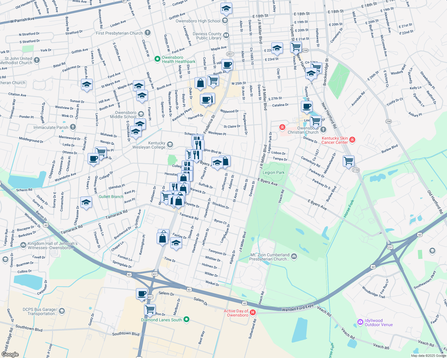 map of restaurants, bars, coffee shops, grocery stores, and more near 3220 Jefferson St in Owensboro