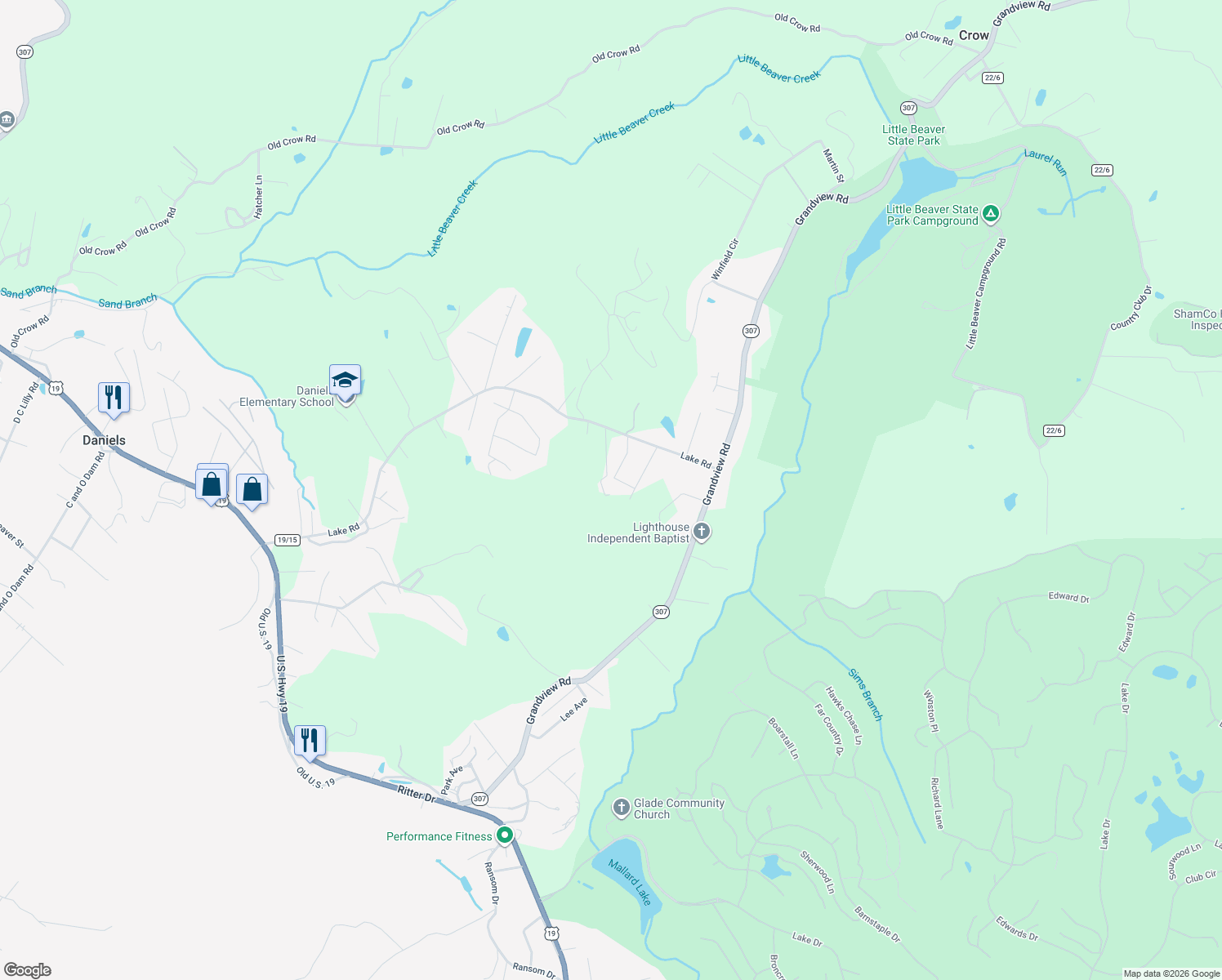 map of restaurants, bars, coffee shops, grocery stores, and more near 171 Harvest Lane in Daniels
