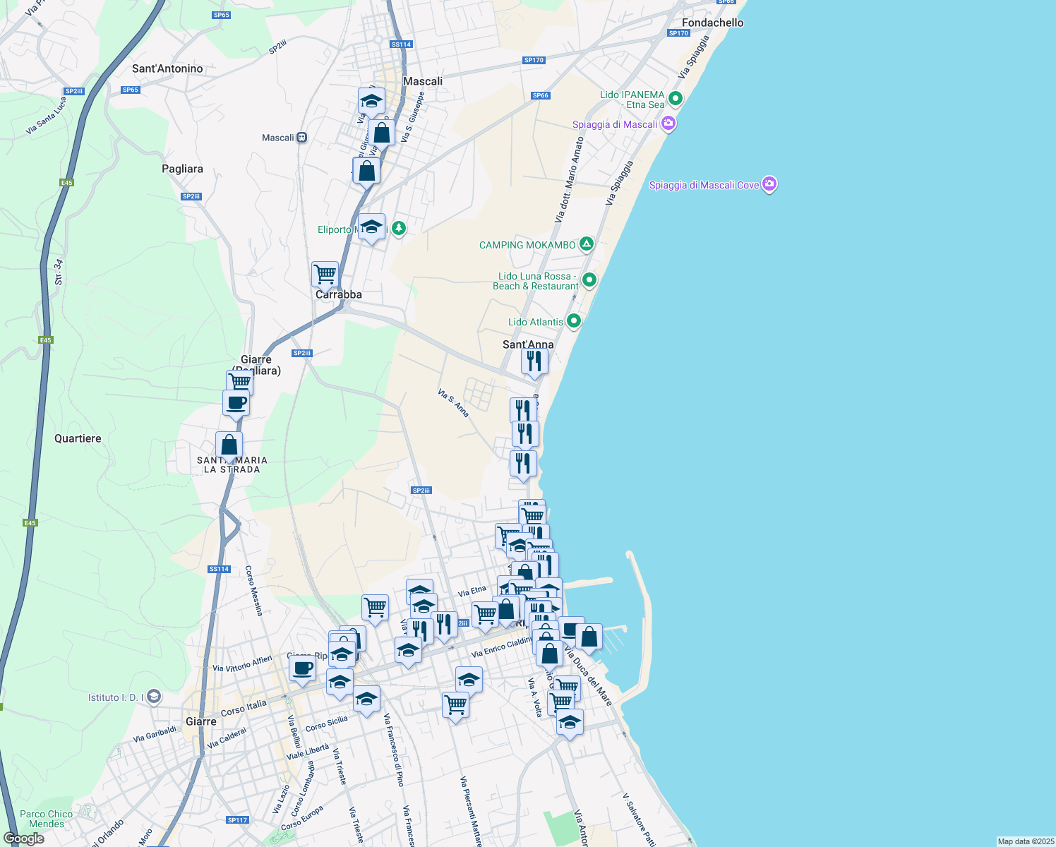 map of restaurants, bars, coffee shops, grocery stores, and more near 315 Via Spiaggia in Sant'Anna