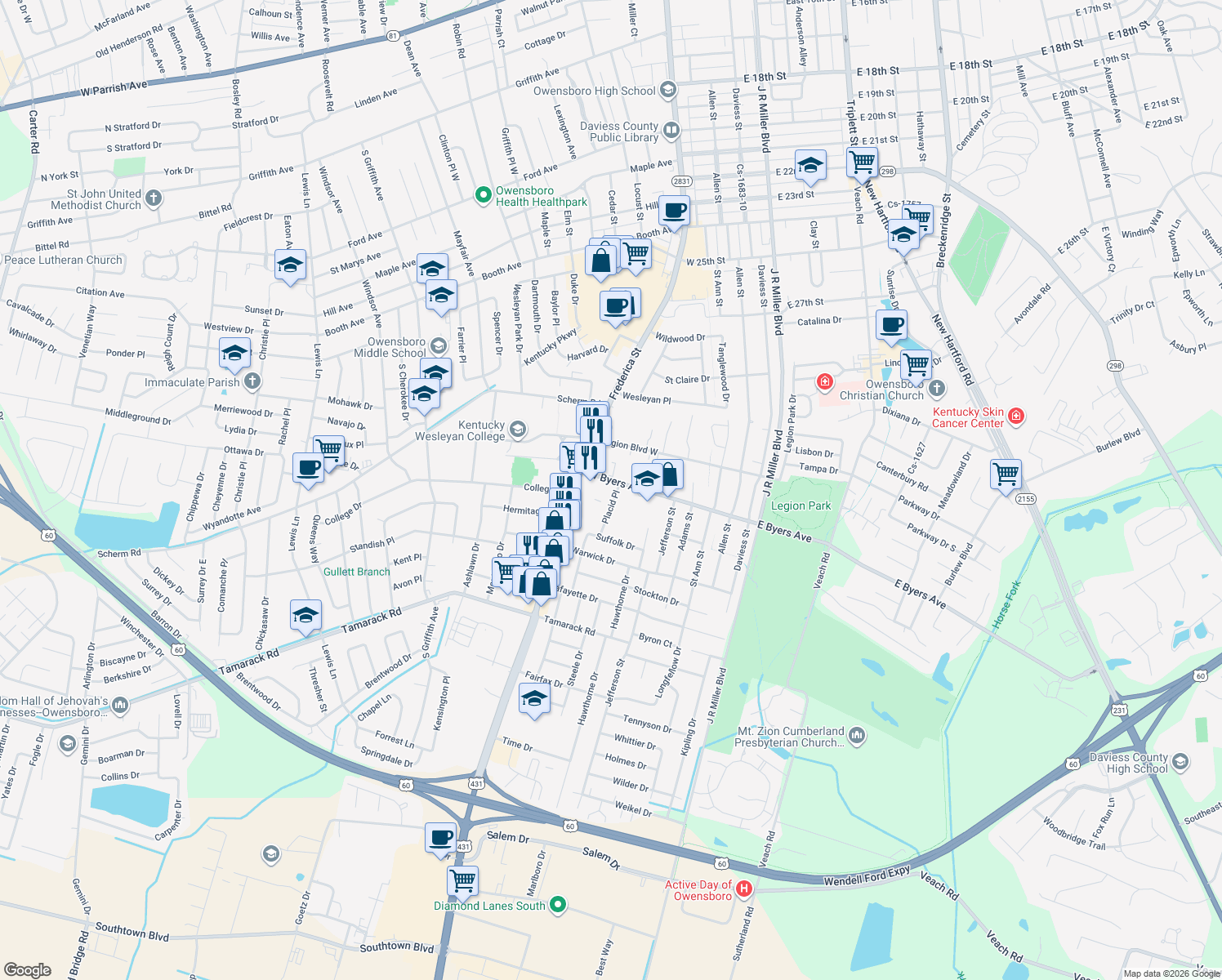map of restaurants, bars, coffee shops, grocery stores, and more near 3206 Placid Pl in Owensboro