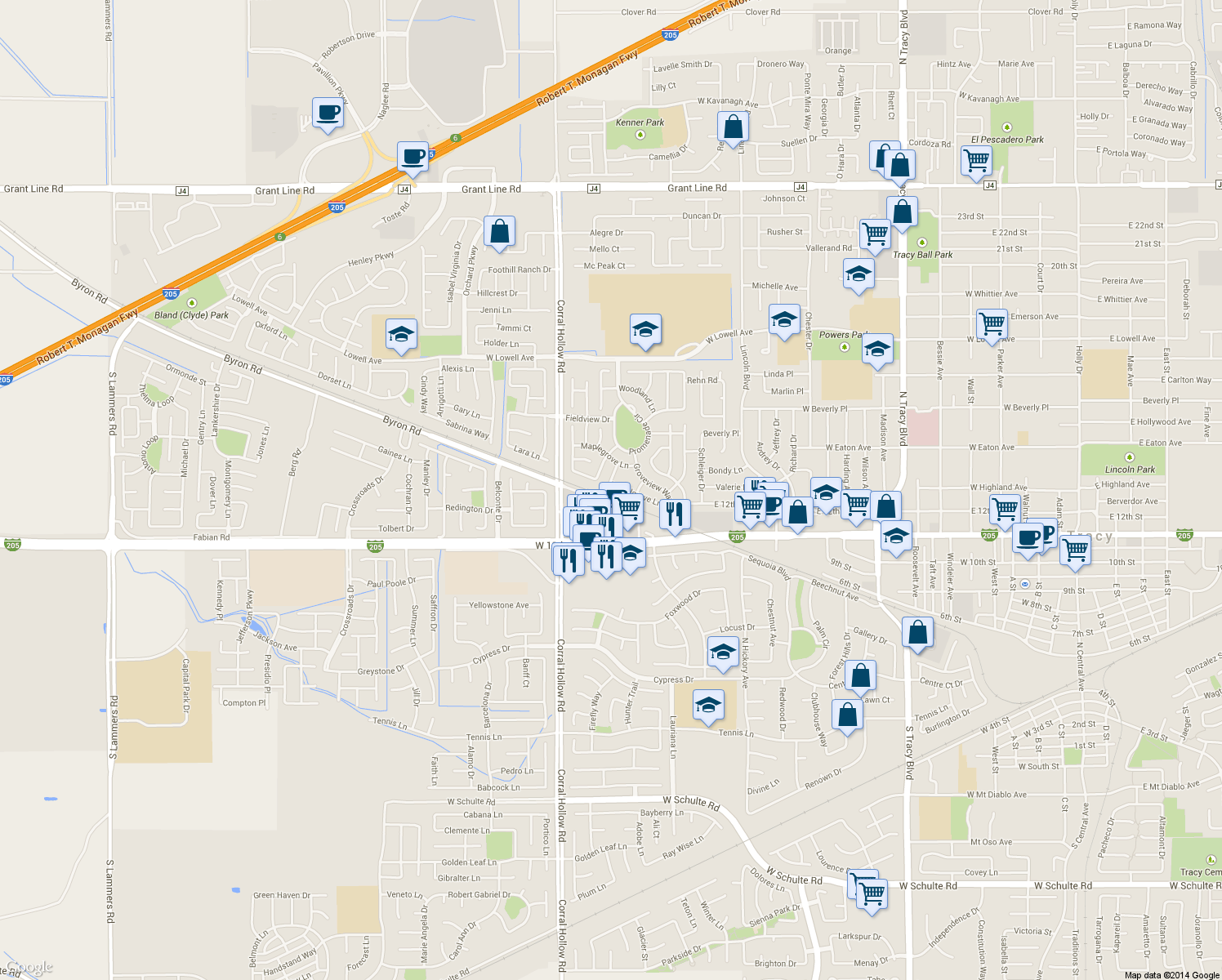 map of restaurants, bars, coffee shops, grocery stores, and more near 1880 Laurelgrove Lane in Tracy