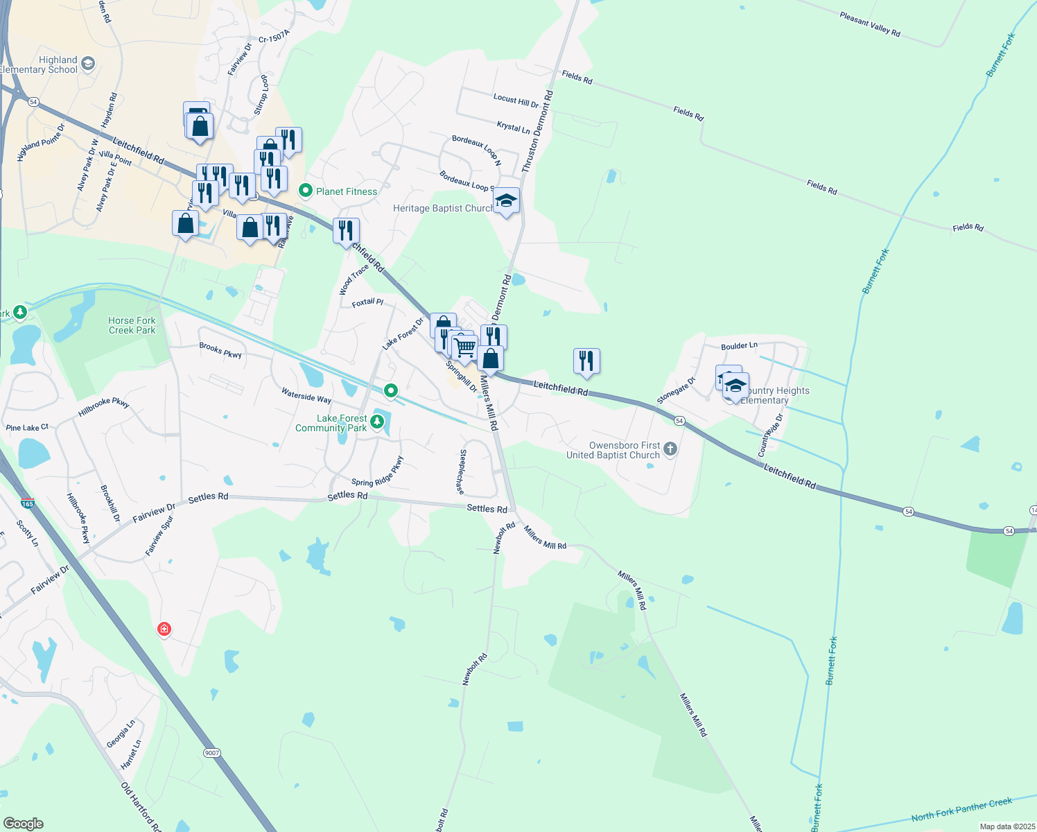 map of restaurants, bars, coffee shops, grocery stores, and more near 3310 Old Mill Ln in Owensboro
