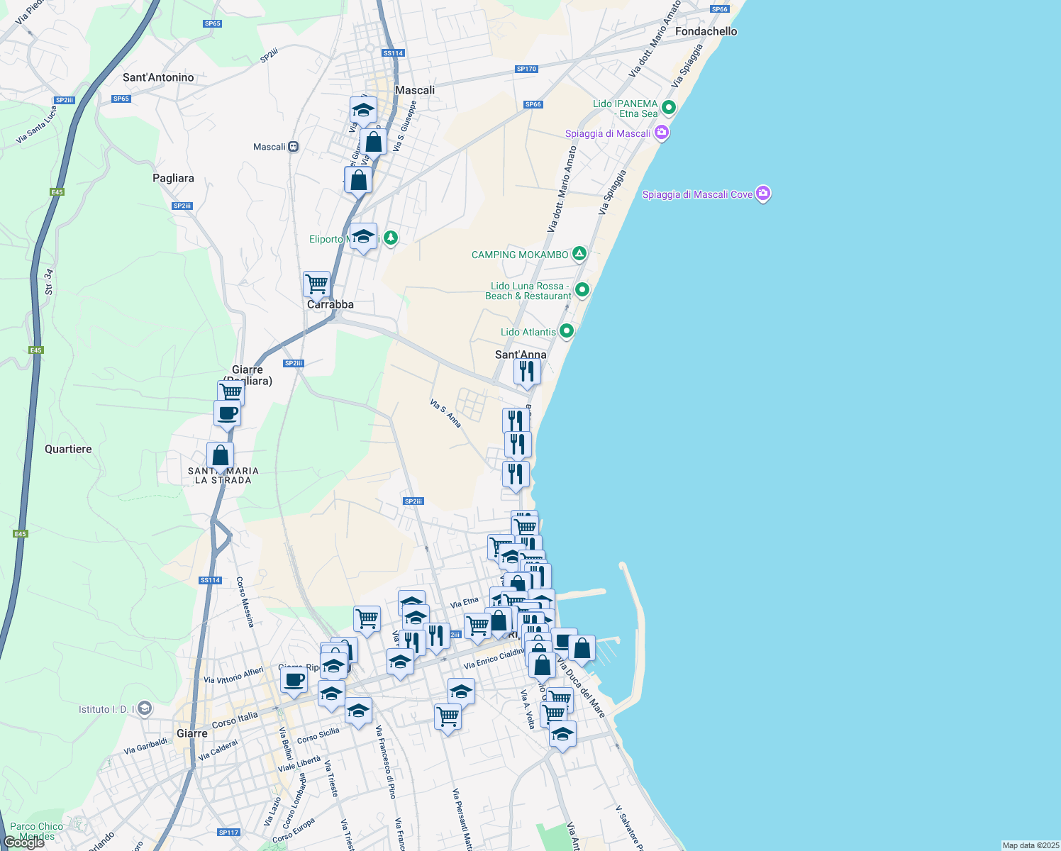 map of restaurants, bars, coffee shops, grocery stores, and more near 315 Via Spiaggia in Sant'Anna
