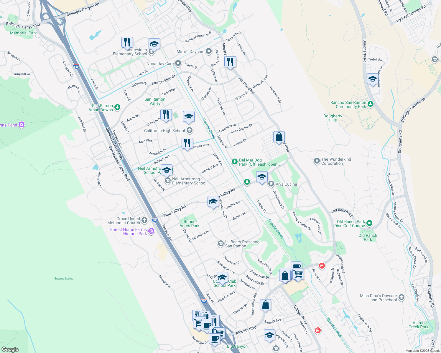 map of restaurants, bars, coffee shops, grocery stores, and more near 3028 Kittery Avenue in San Ramon