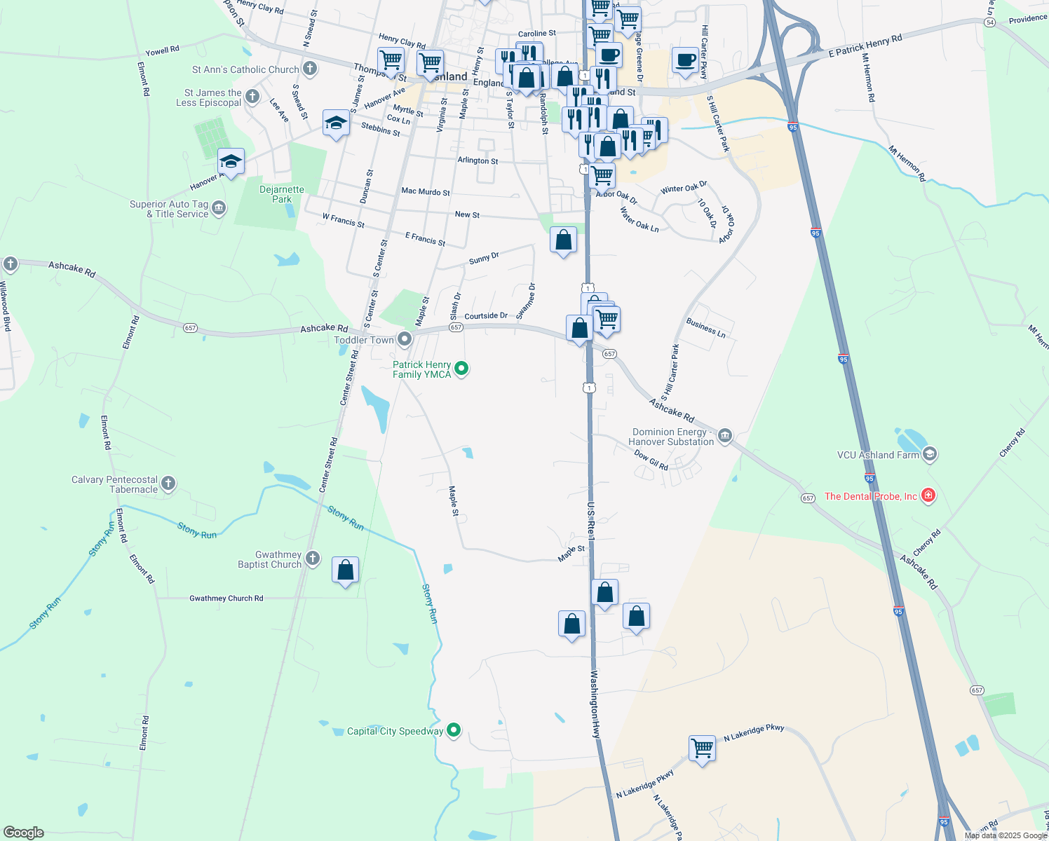 map of restaurants, bars, coffee shops, grocery stores, and more near 12295 Dabney Lane in Ashland