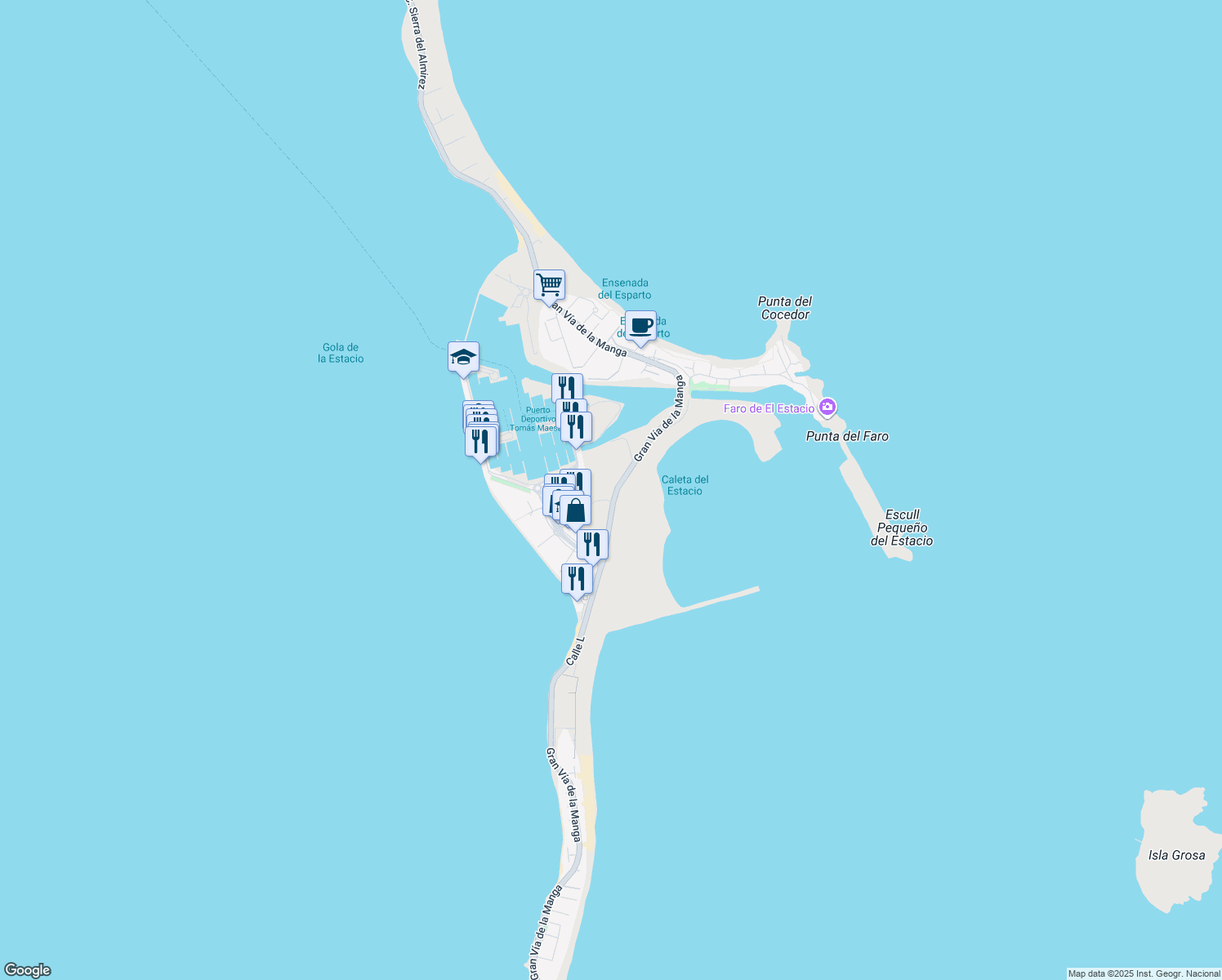 map of restaurants, bars, coffee shops, grocery stores, and more near 1 Calle K in San Javier