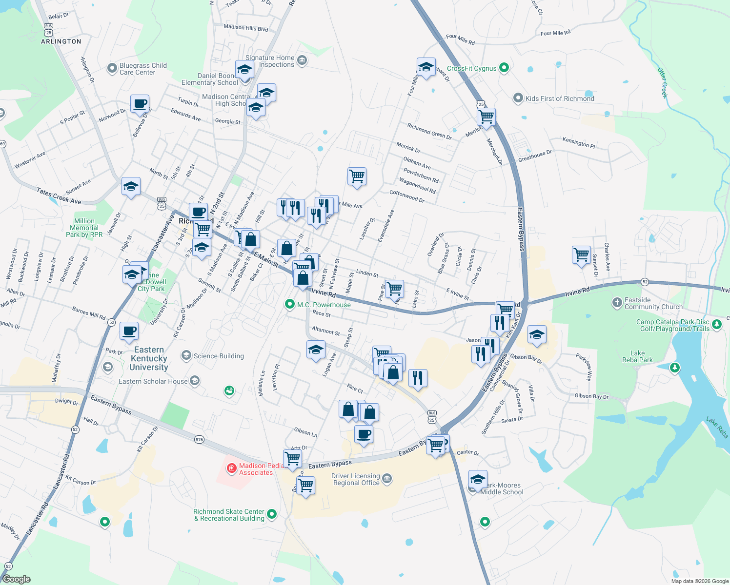 map of restaurants, bars, coffee shops, grocery stores, and more near 121 Oakland Avenue in Richmond