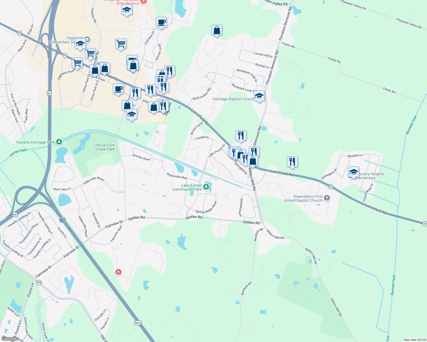 map of restaurants, bars, coffee shops, grocery stores, and more near 3124 Spring Run in Owensboro