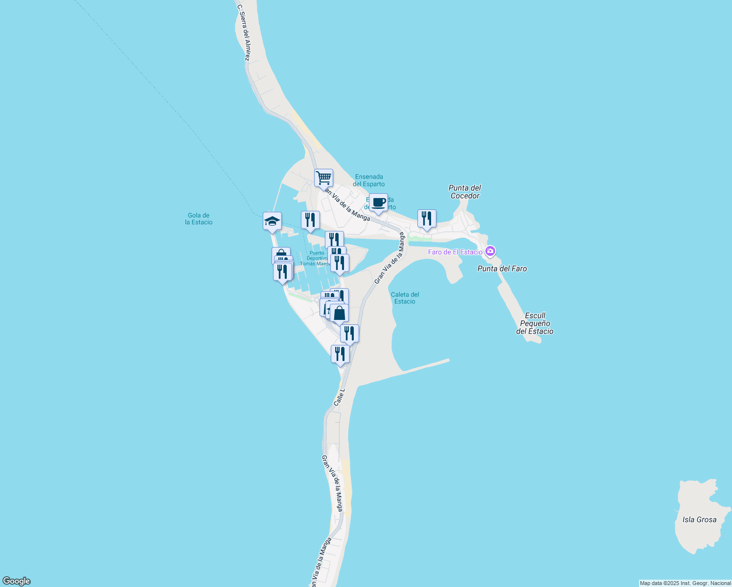 map of restaurants, bars, coffee shops, grocery stores, and more near 1 Calle K in San Javier