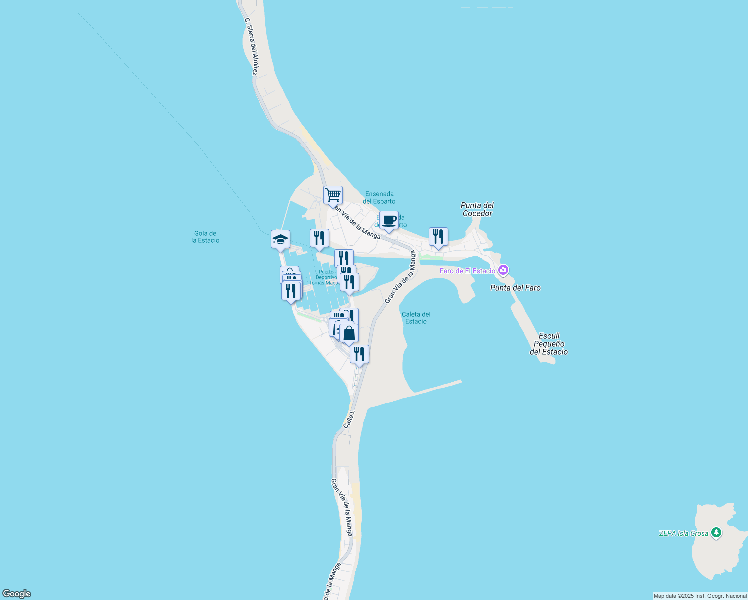 map of restaurants, bars, coffee shops, grocery stores, and more near in San Javier