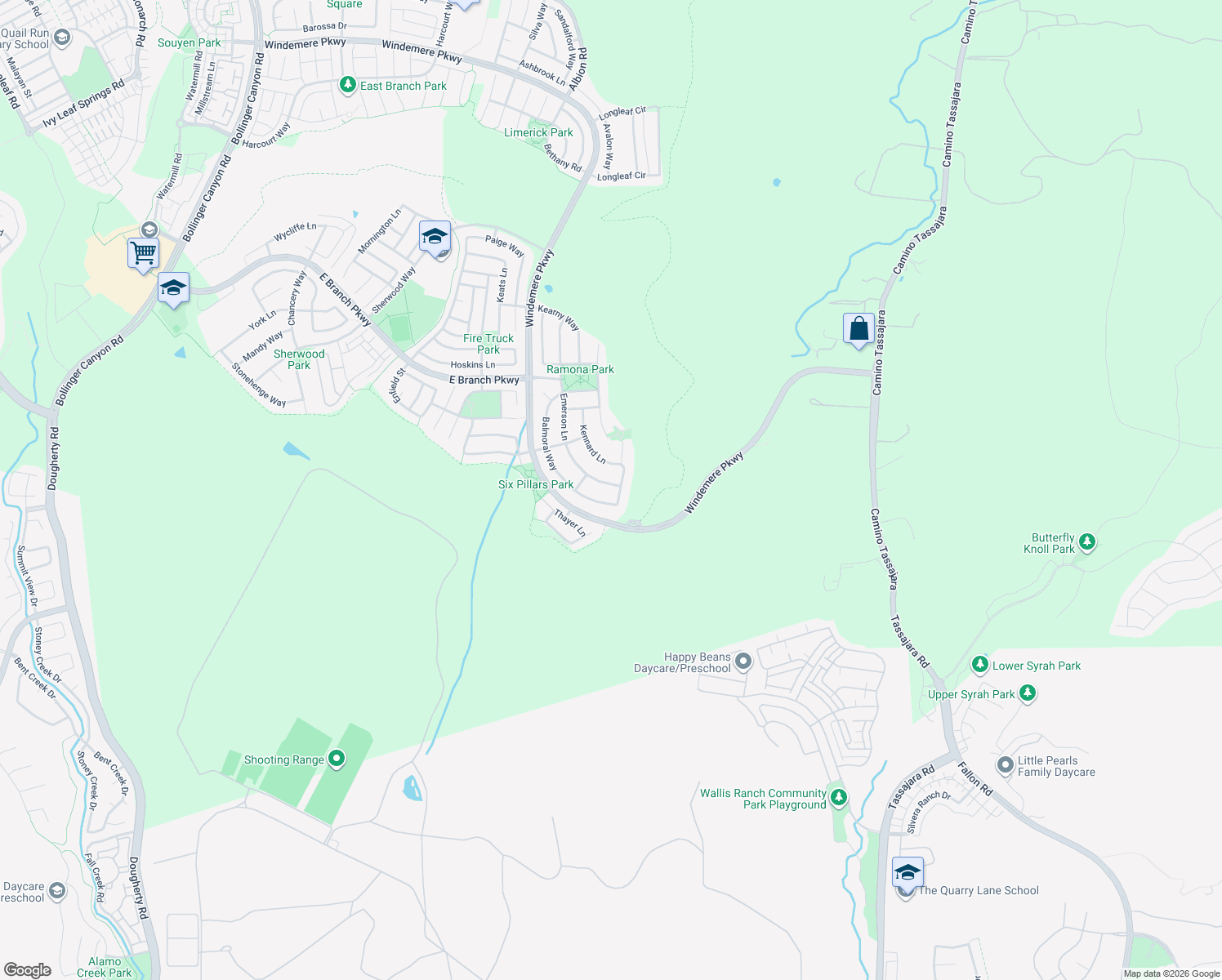 map of restaurants, bars, coffee shops, grocery stores, and more near 7090 Emerson Ln in San Ramon