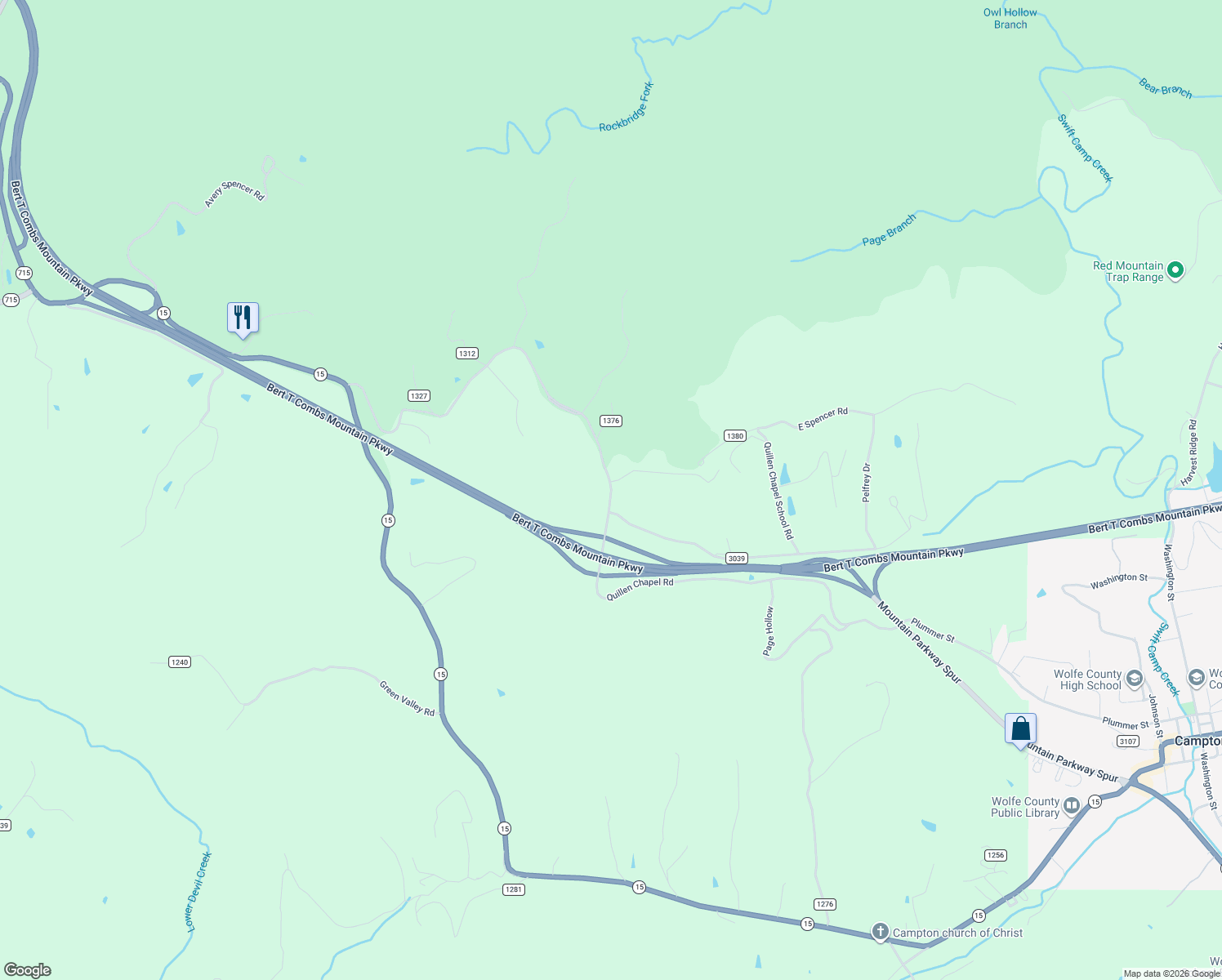 map of restaurants, bars, coffee shops, grocery stores, and more near Quillen Chapel Road in Campton