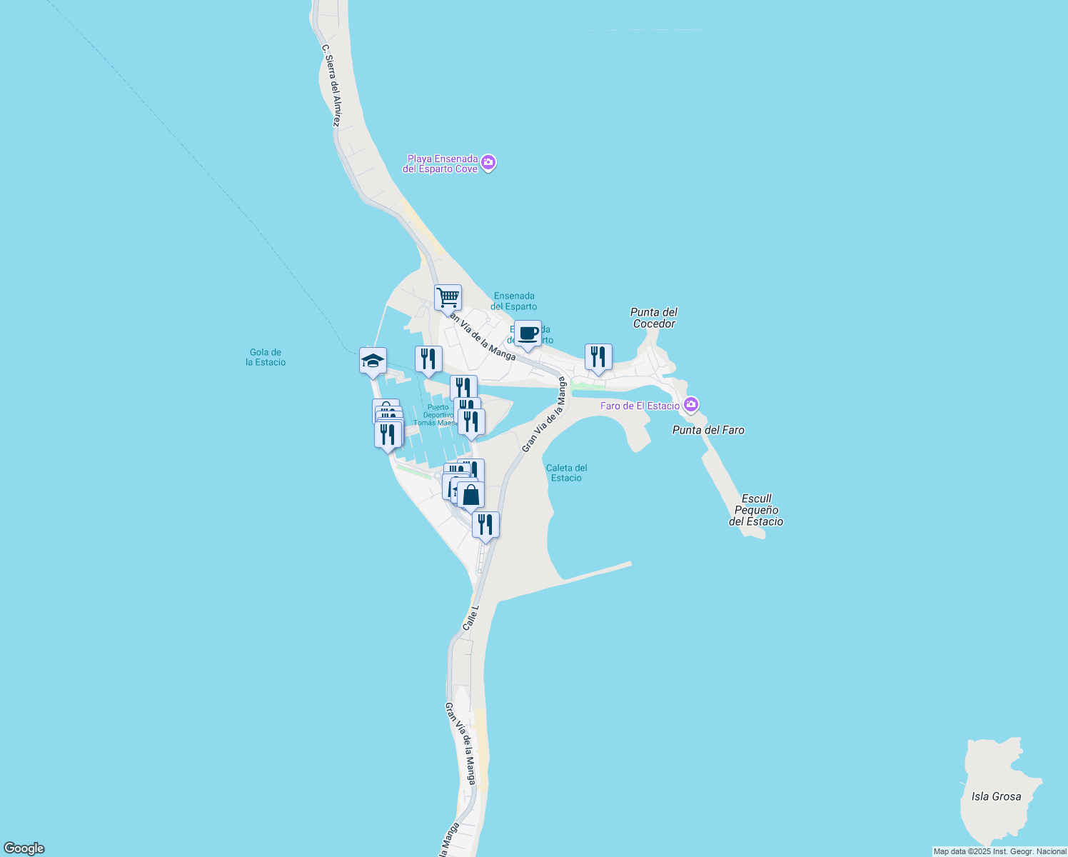 map of restaurants, bars, coffee shops, grocery stores, and more near 3A Calle K in San Javier