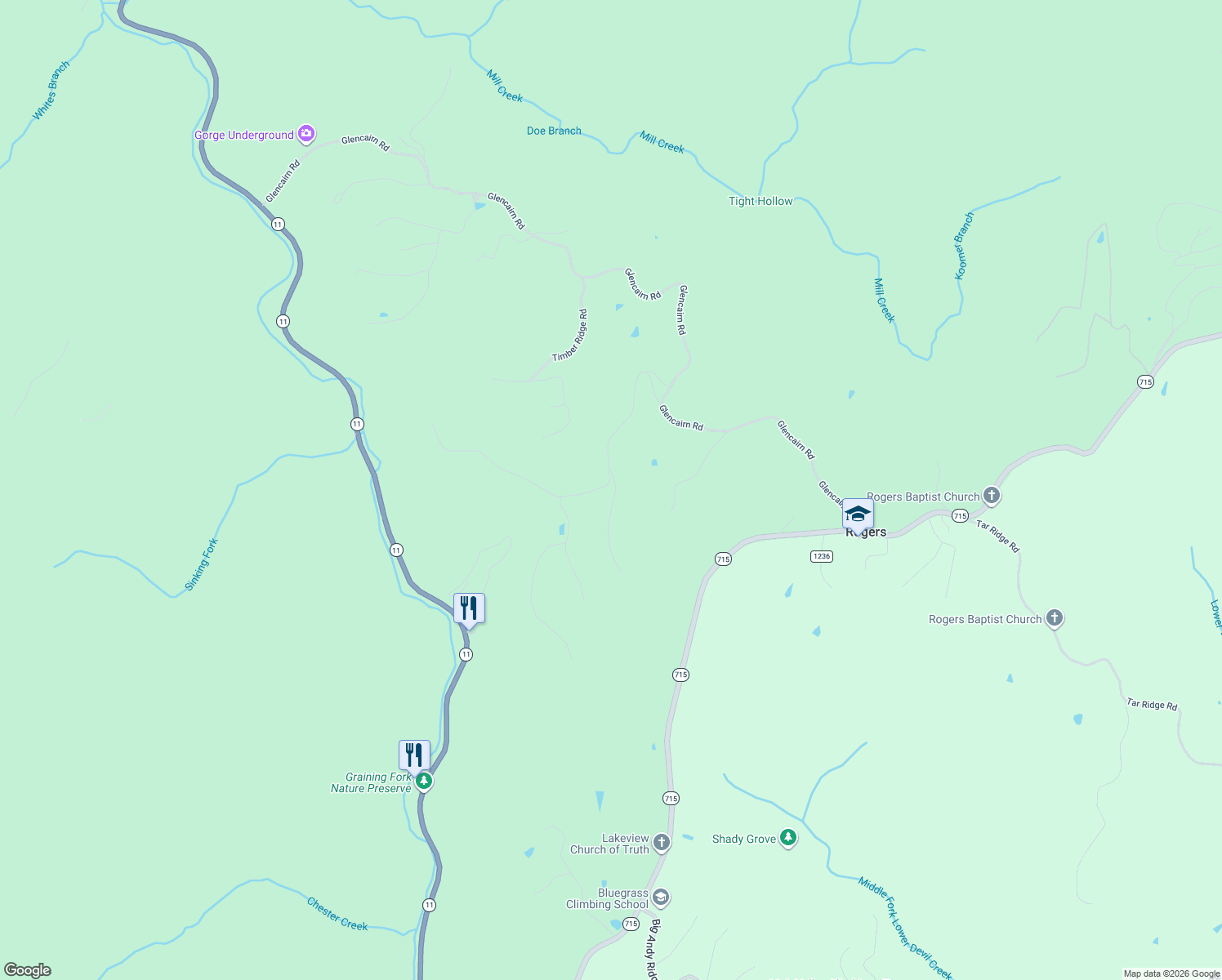 map of restaurants, bars, coffee shops, grocery stores, and more near Left Fork Rogers Road in Campton