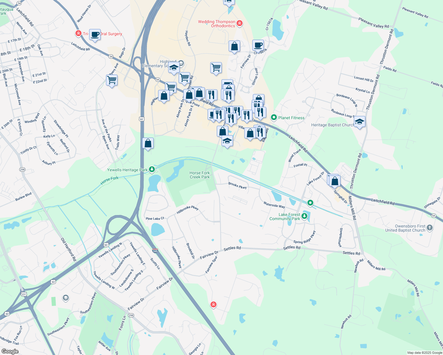 map of restaurants, bars, coffee shops, grocery stores, and more near 3967 Brookside Ct in Owensboro