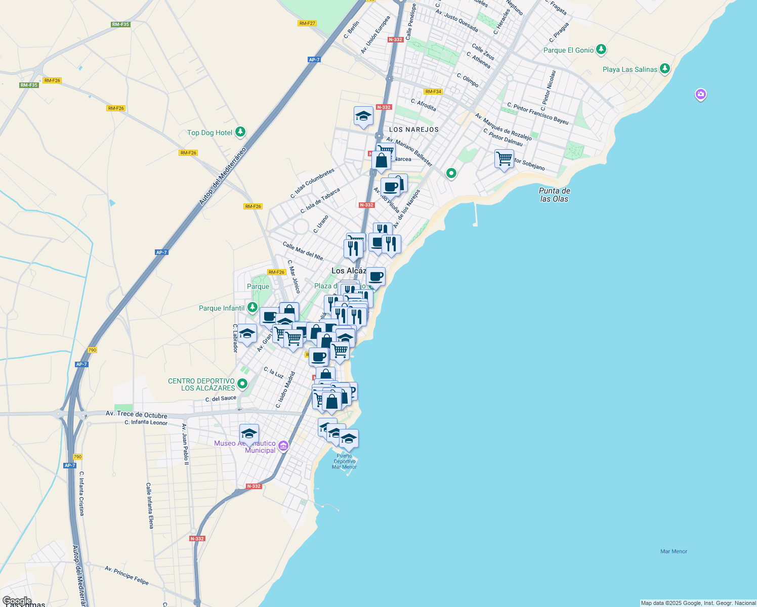 map of restaurants, bars, coffee shops, grocery stores, and more near 125 Paseo Espejo in Los Alcázares
