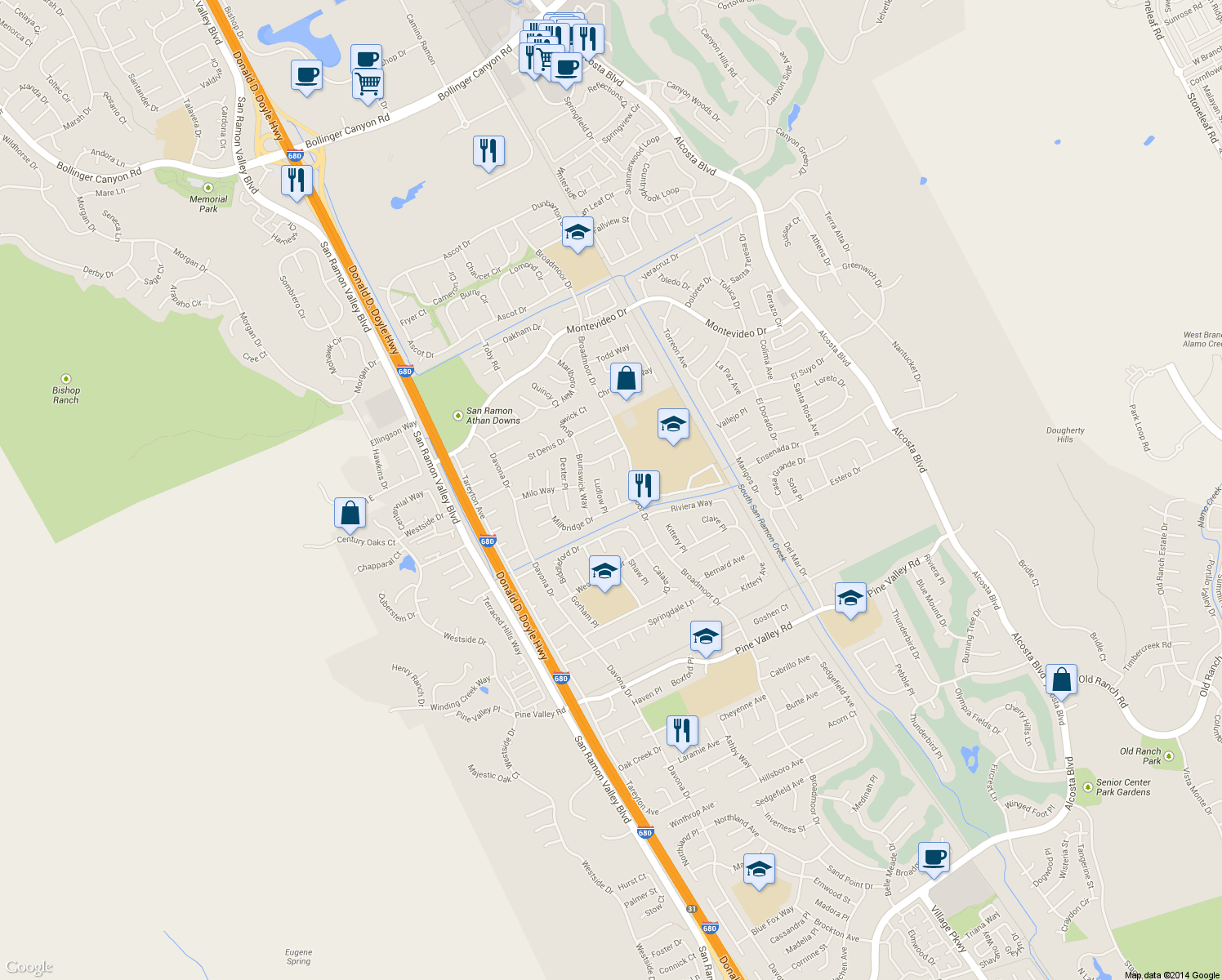 map of restaurants, bars, coffee shops, grocery stores, and more near 241 Hardwick Place in San Ramon
