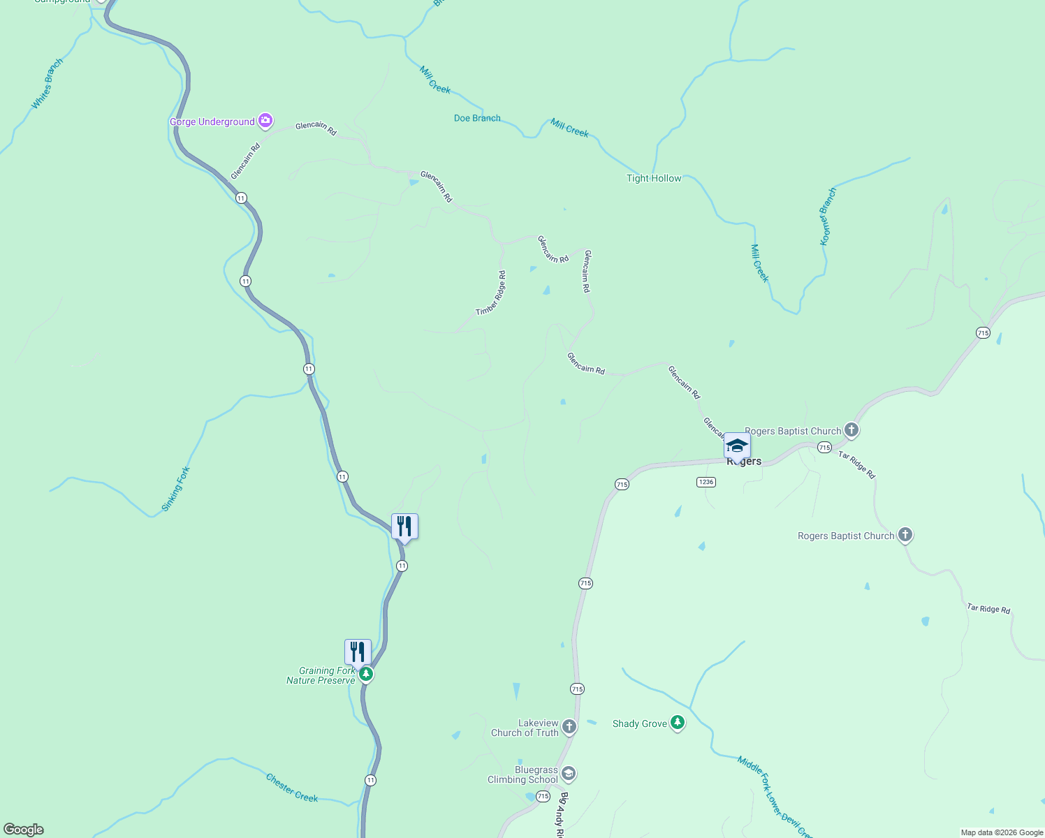 map of restaurants, bars, coffee shops, grocery stores, and more near Left Fork Rogers Road in Campton