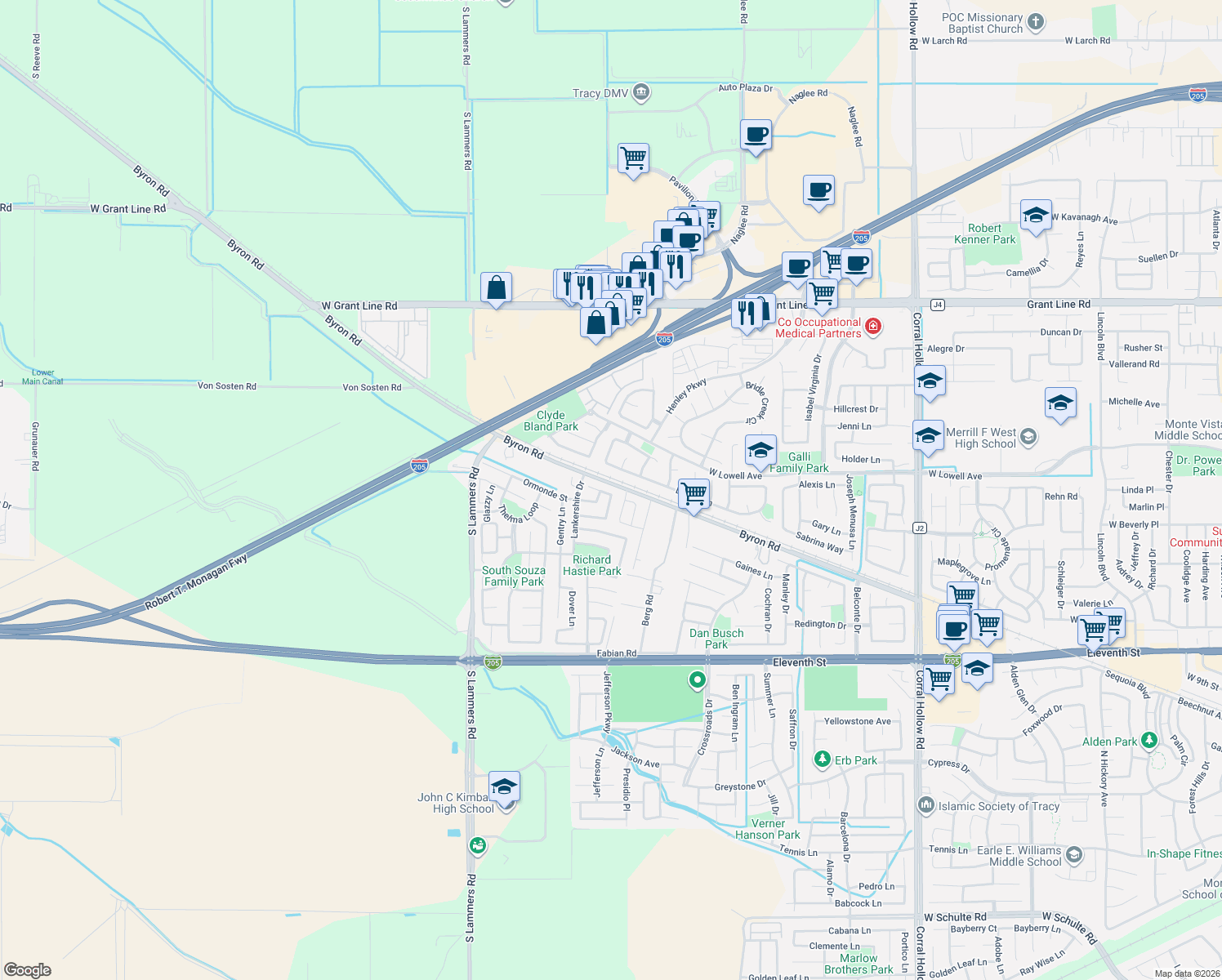 map of restaurants, bars, coffee shops, grocery stores, and more near 2919 Kennsington Court in Tracy