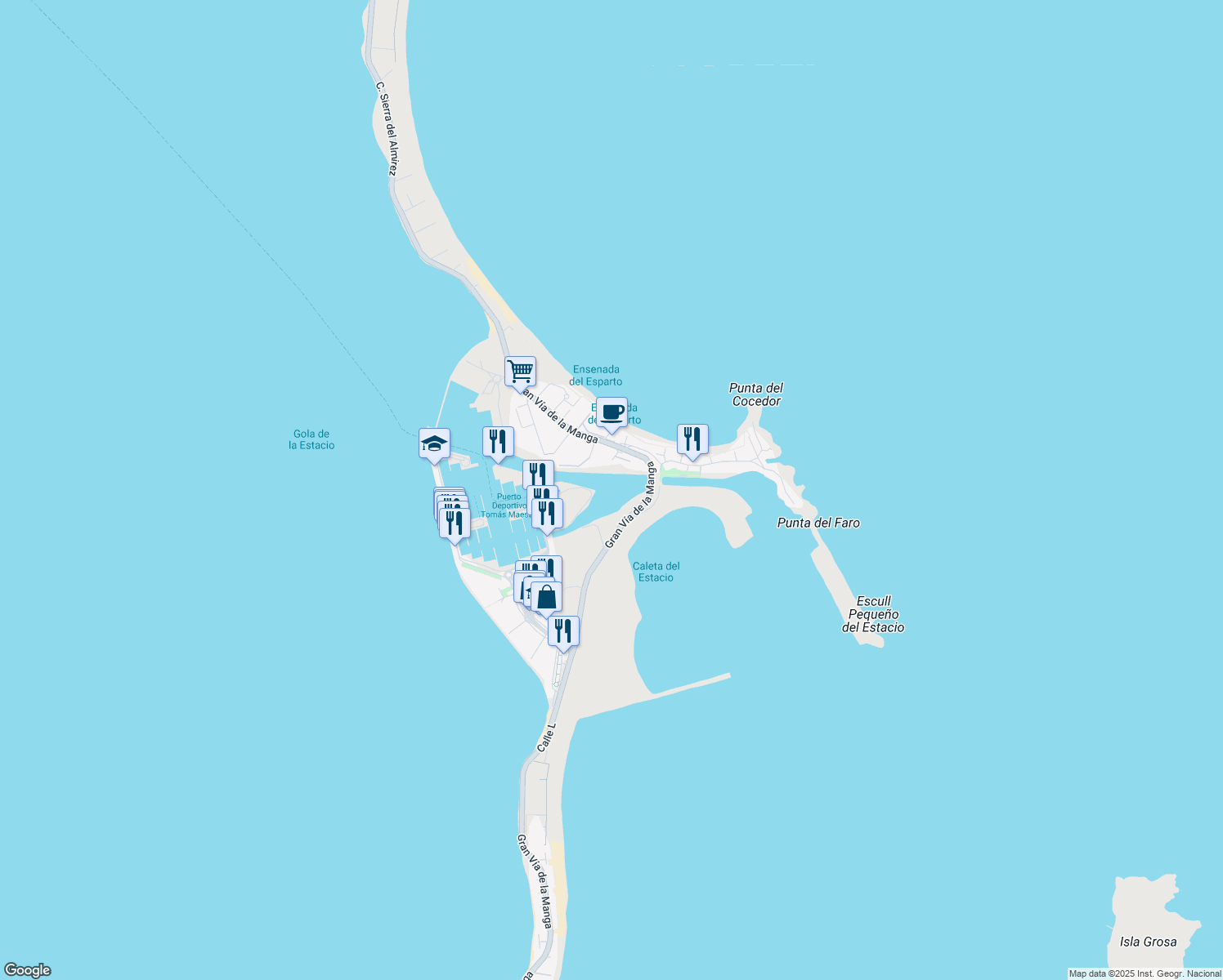 map of restaurants, bars, coffee shops, grocery stores, and more near 3A Calle K in San Javier