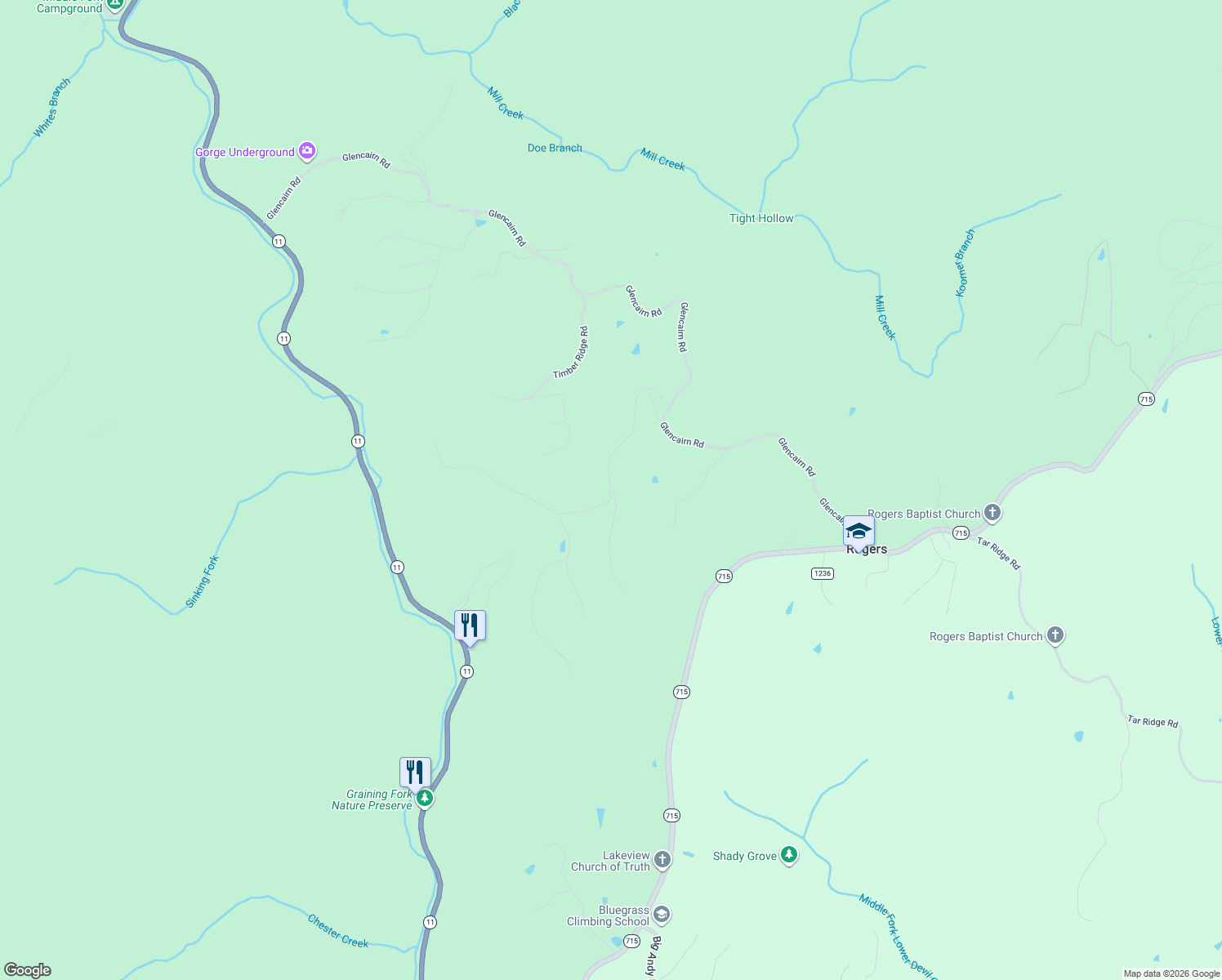 map of restaurants, bars, coffee shops, grocery stores, and more near Left Fork Rogers Road in Campton