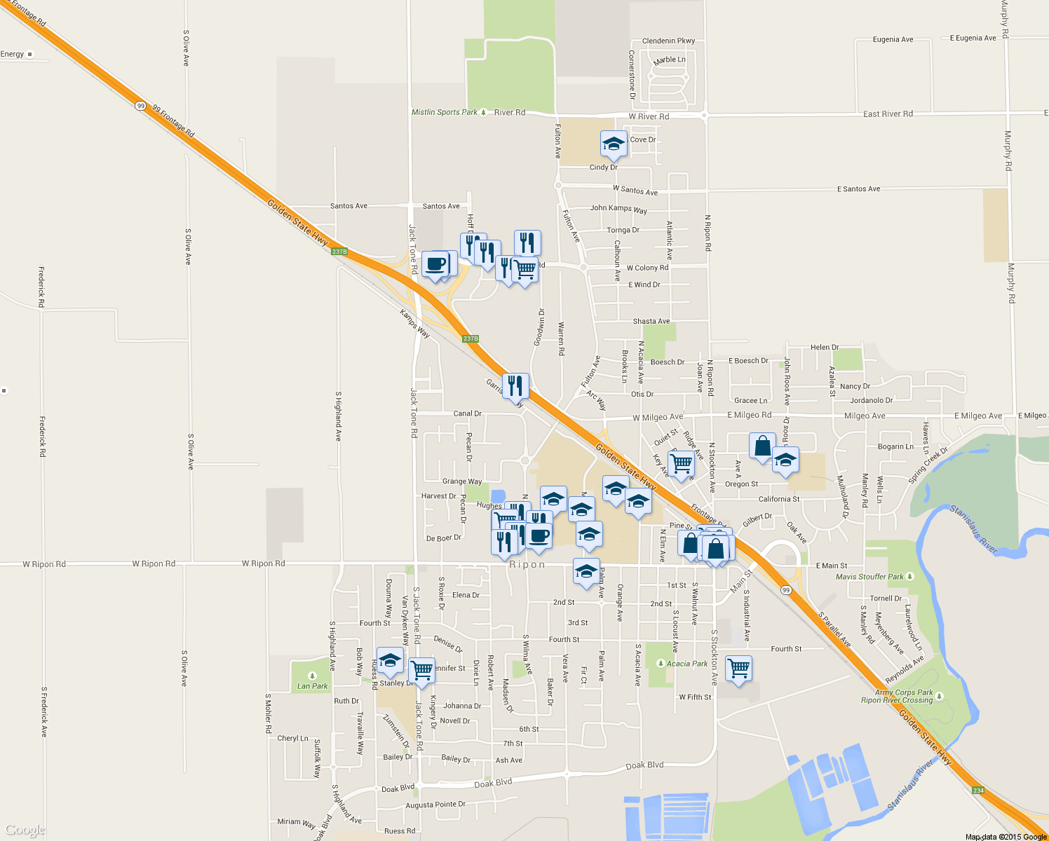 map of restaurants, bars, coffee shops, grocery stores, and more near 596 North Wilma Avenue in Ripon