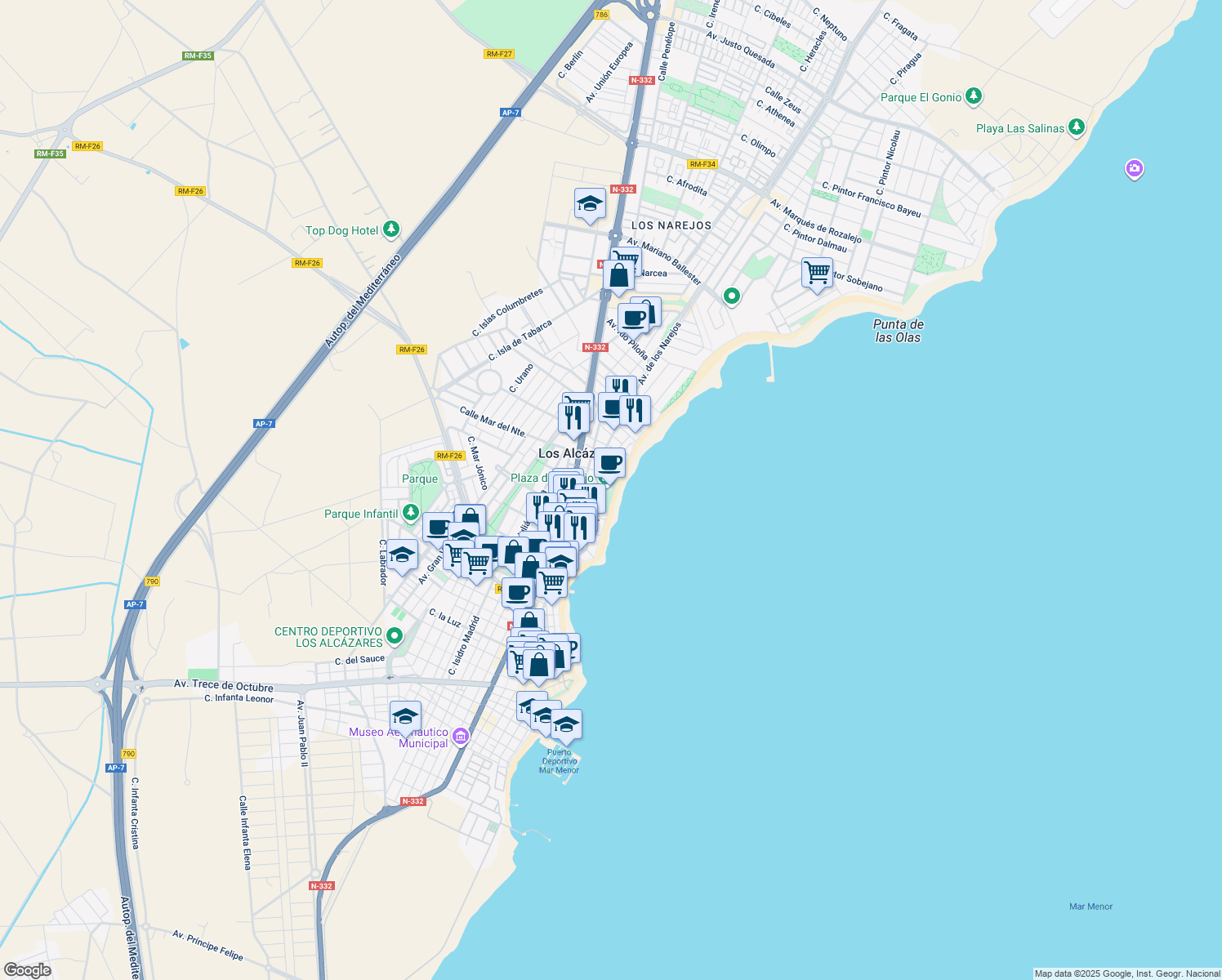 map of restaurants, bars, coffee shops, grocery stores, and more near 125 Paseo Espejo in Los Alcázares