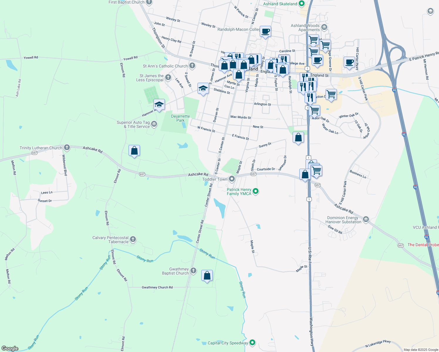 map of restaurants, bars, coffee shops, grocery stores, and more near 100 Ashcake Road in Ashland