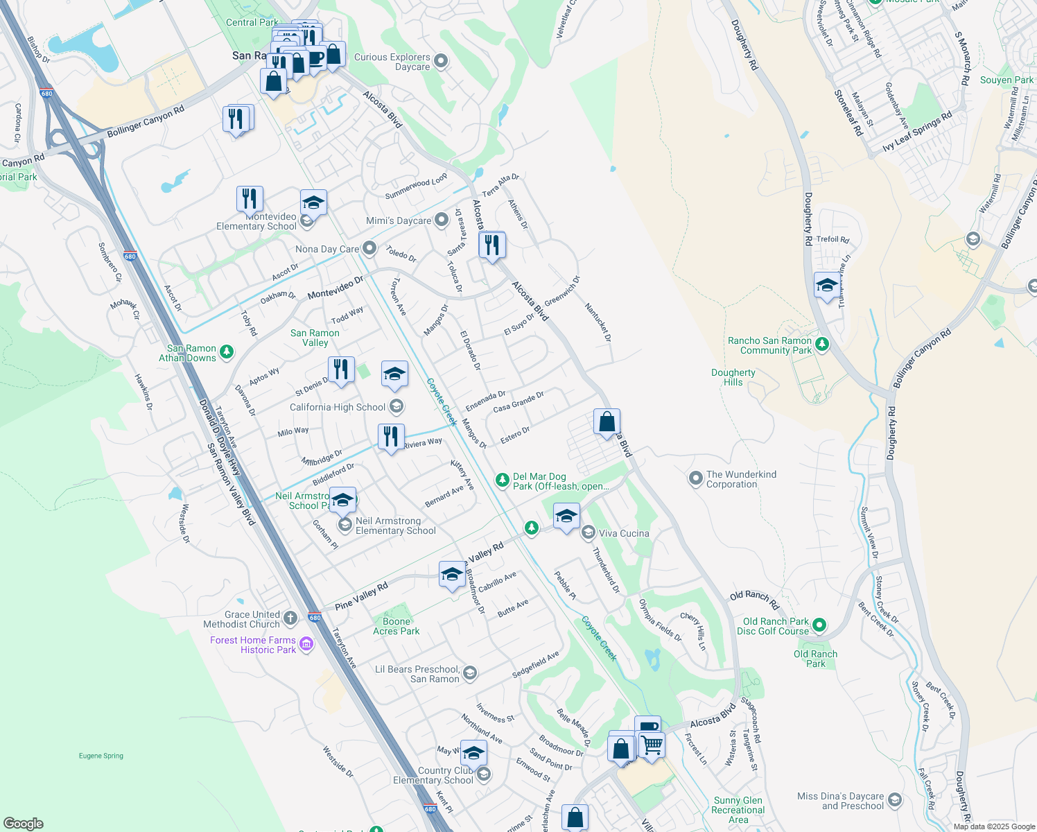 map of restaurants, bars, coffee shops, grocery stores, and more near 42 San Piedras Place in San Ramon