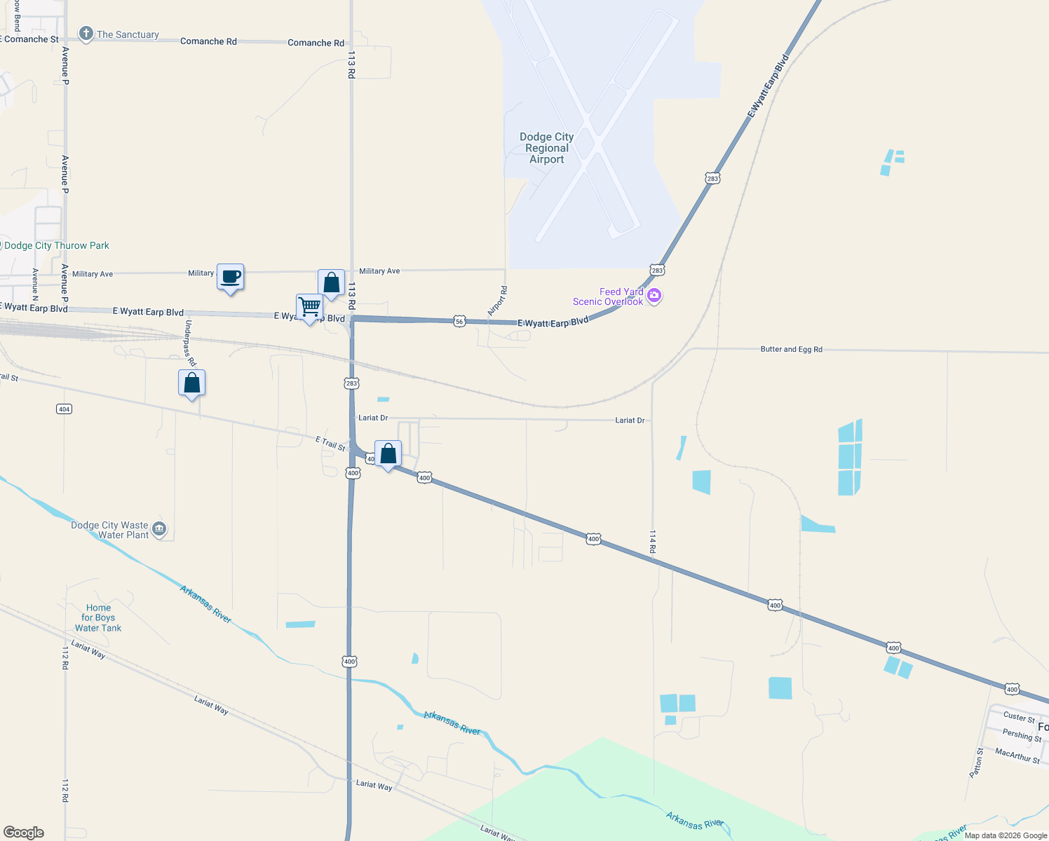 map of restaurants, bars, coffee shops, grocery stores, and more near 11332 Butter and Egg Rd in Dodge City