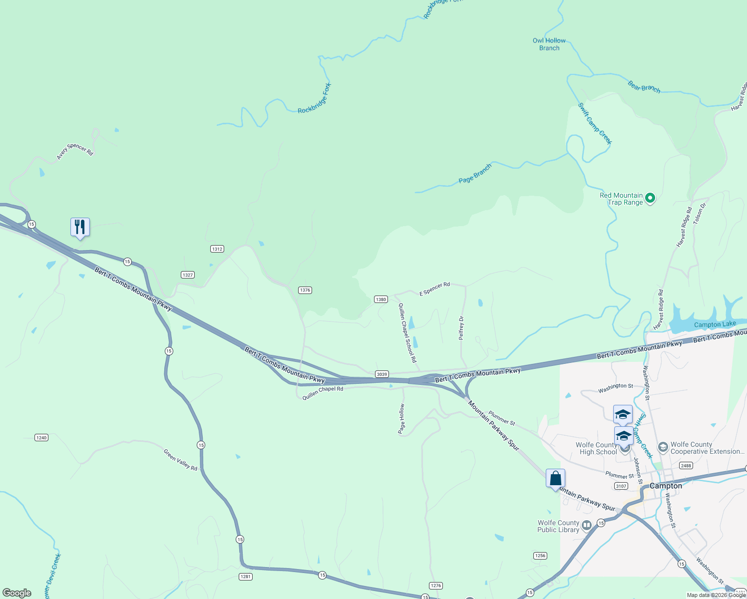 map of restaurants, bars, coffee shops, grocery stores, and more near 173 Spencer Road in Campton