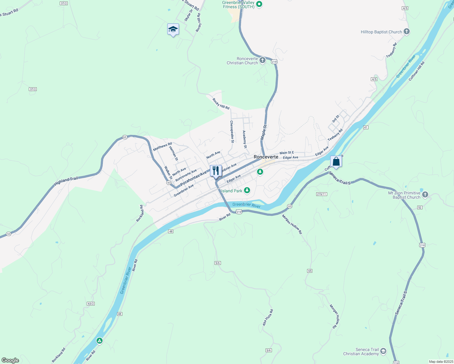 map of restaurants, bars, coffee shops, grocery stores, and more near 698 Edgar Ave W in Ronceverte