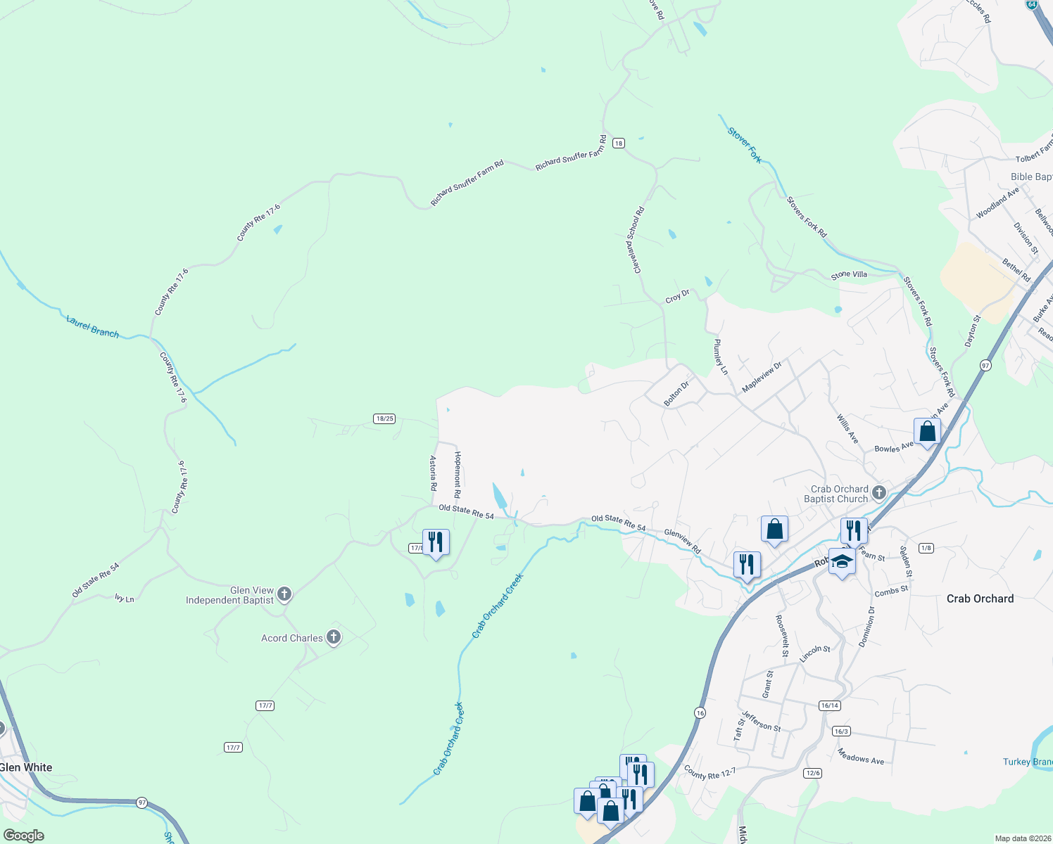map of restaurants, bars, coffee shops, grocery stores, and more near 422 Astoria Road in Beckley