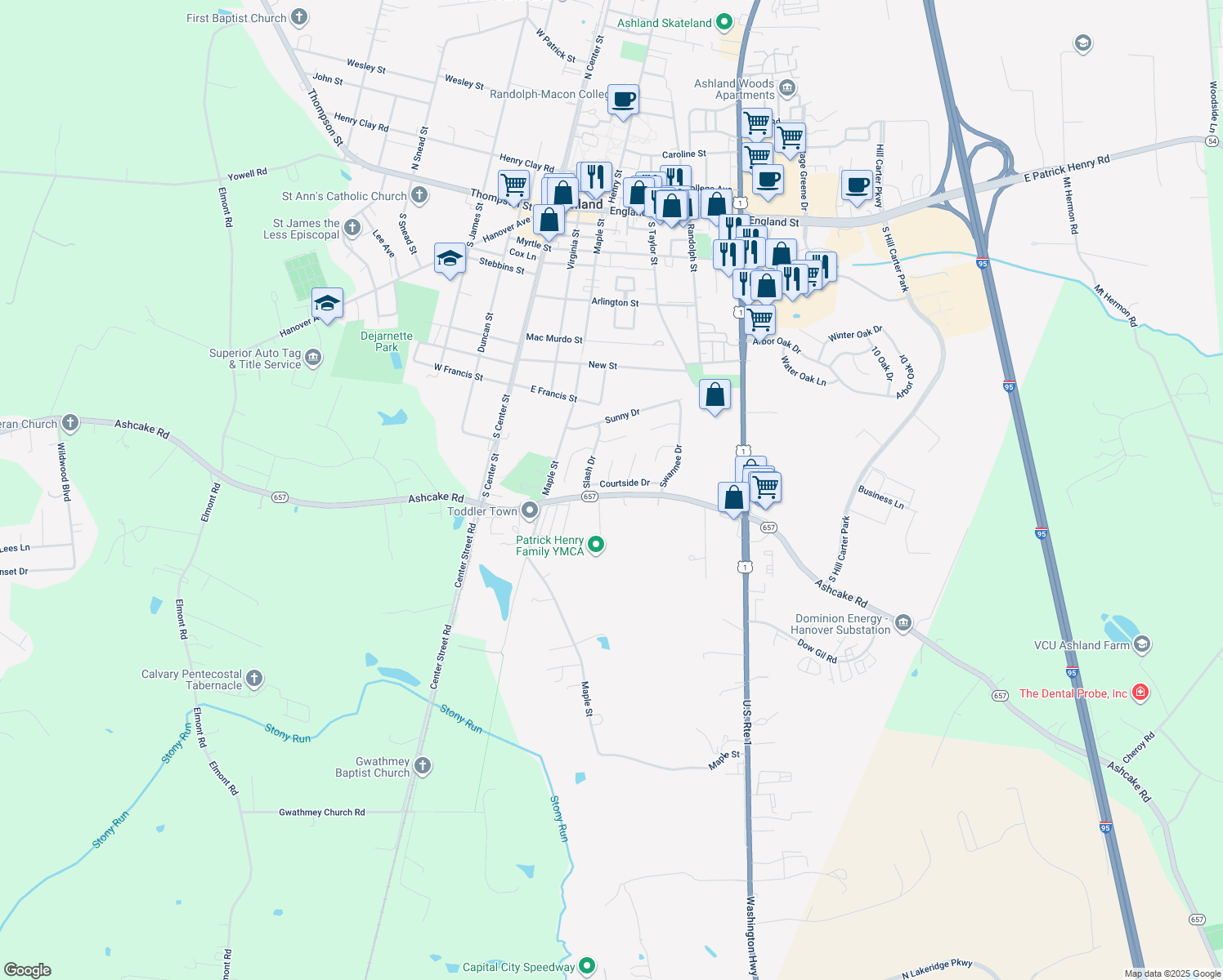 map of restaurants, bars, coffee shops, grocery stores, and more near 109 Courtside Drive in Ashland