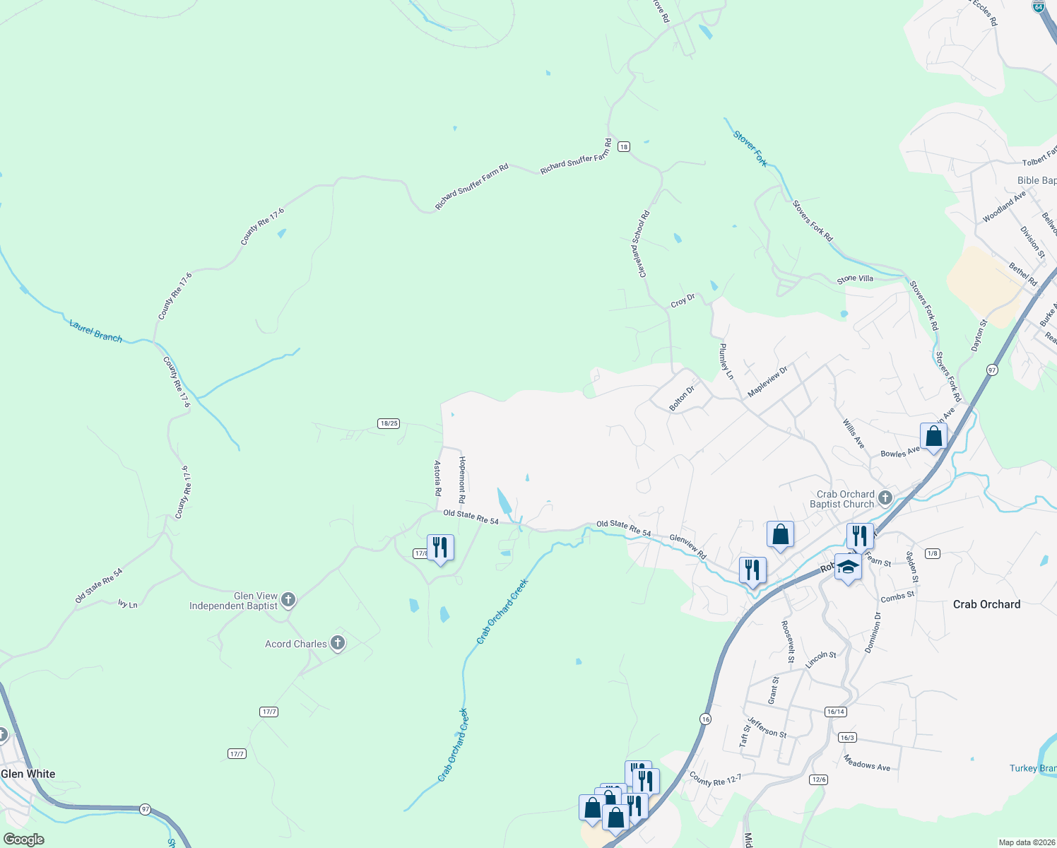 map of restaurants, bars, coffee shops, grocery stores, and more near 422 Astoria Road in Beckley