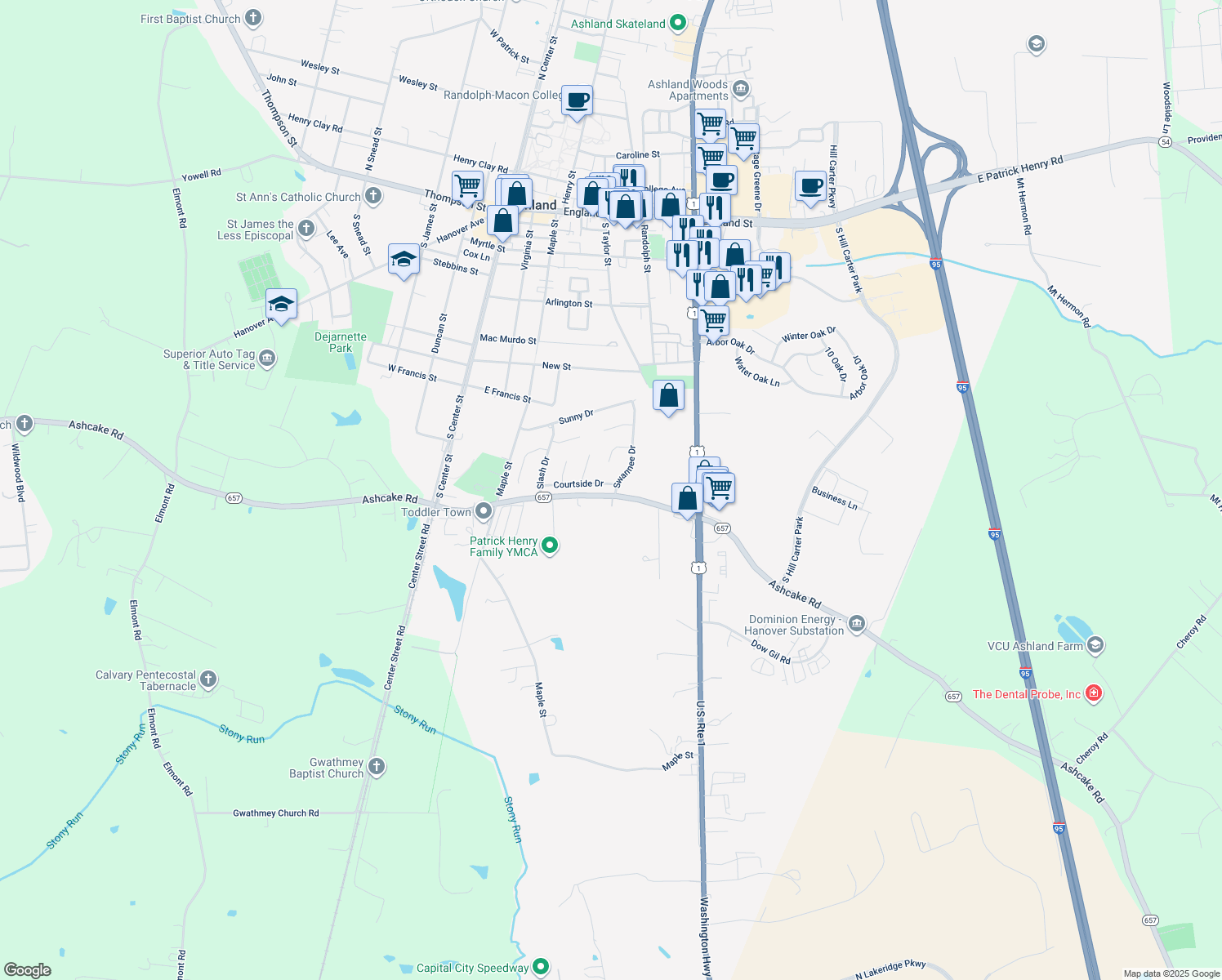 map of restaurants, bars, coffee shops, grocery stores, and more near 127 Courtside Drive in Ashland