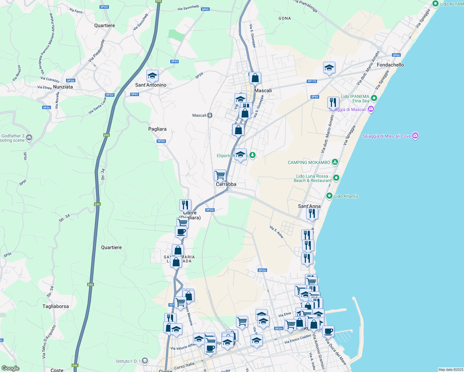 map of restaurants, bars, coffee shops, grocery stores, and more near 4B Via D'Angelo in Mascali