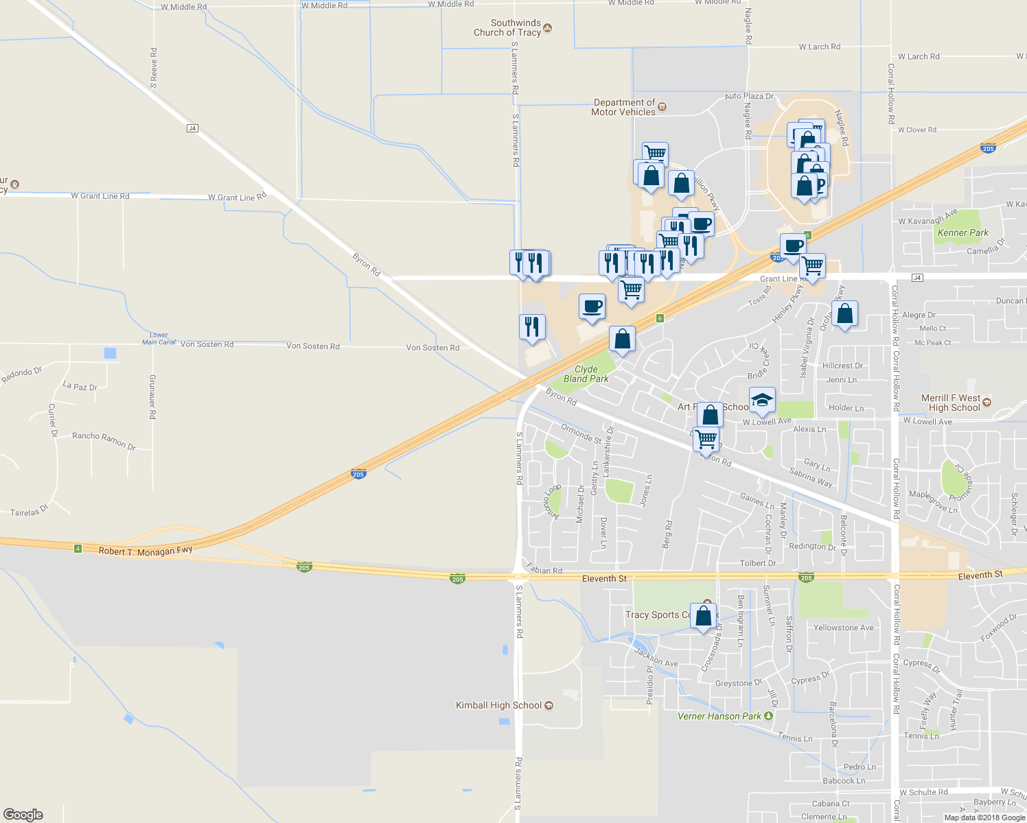 map of restaurants, bars, coffee shops, grocery stores, and more near 23199 South Lammers Road in Tracy